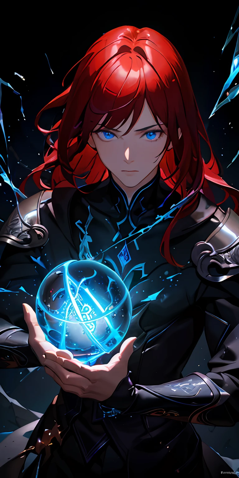 (masterpiece, best quality, ultra-detailed, best shadow), (detailed background,dark fantasy), (beautiful detailed face), high contrast, (best illumination, handsome), ((cinematic light)), colorful, hyper detail, dramatic light, intricate details, (1 boy, solo,red hair, sharp face,long length hair,blue eyes, hair between eyes,dynamic angle), blood splatter, swirling black light around the character, depth of field,black light particles,(broken glass),magic circle,