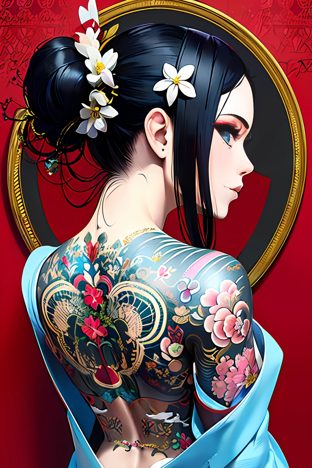 (masterpiece, top quality, best quality, official art, beautiful and aesthetic:1.2),1girl, tattoo, solo, japanese clothes,  hair ornament, unsheathing, black hair, sheath, back tattoo, blue eyes,  off shoulder, bare shoulders, looking back, from behind, flower, looking at viewer,  holding, makeup, 
indoor,