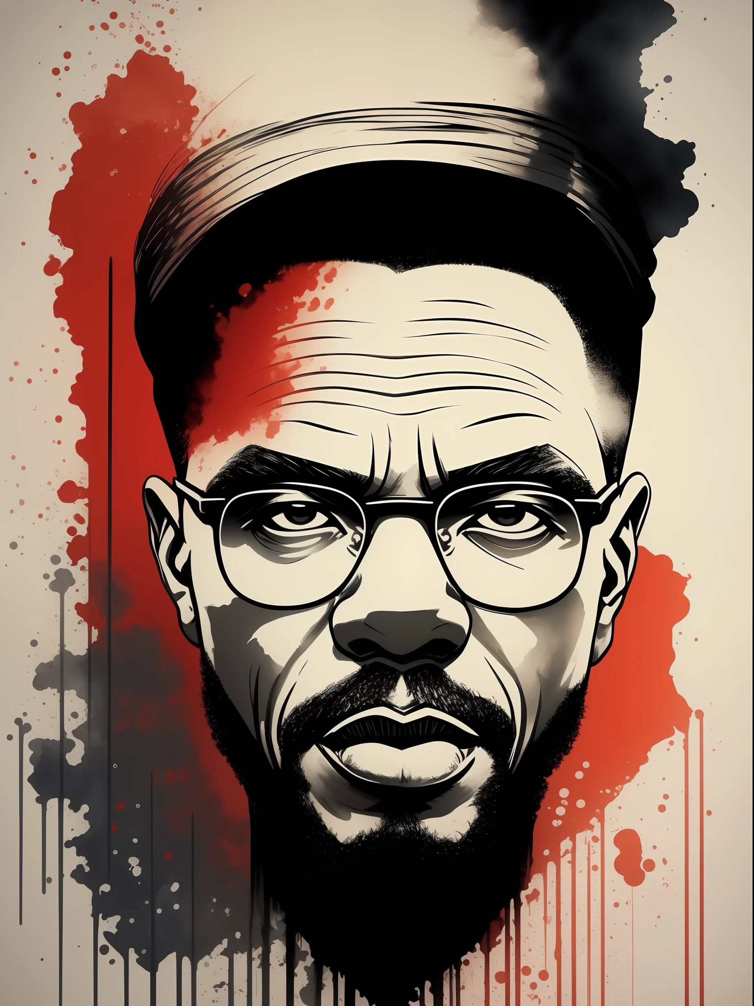 malcolm x, arte da camiseta, 2D, ((fundo preto: 1, 5)), vetor, cores vivas, obra-prima, melhor qualidade, detalhes intrincados, perfect symmetrical face, detalhes realistas, gothic theme, luz de aro, luar, cinematic shading, Greg Rutkowisk