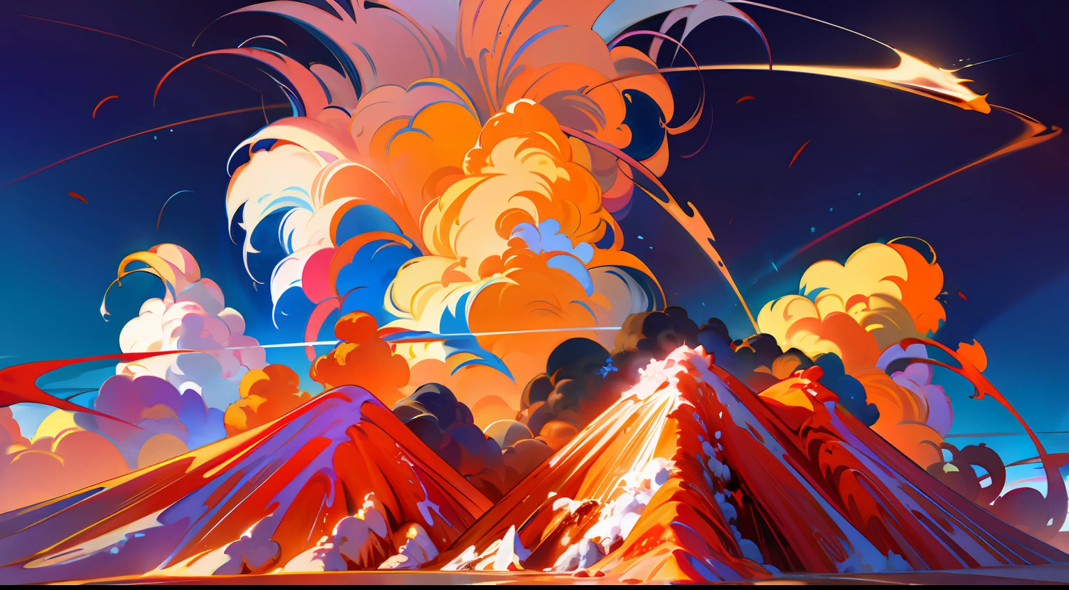 volcano exploding，Volcanic smoke，Various jets of Mars，Magma flows out of the volcano，deep blue background，Movie lighting，More refined details