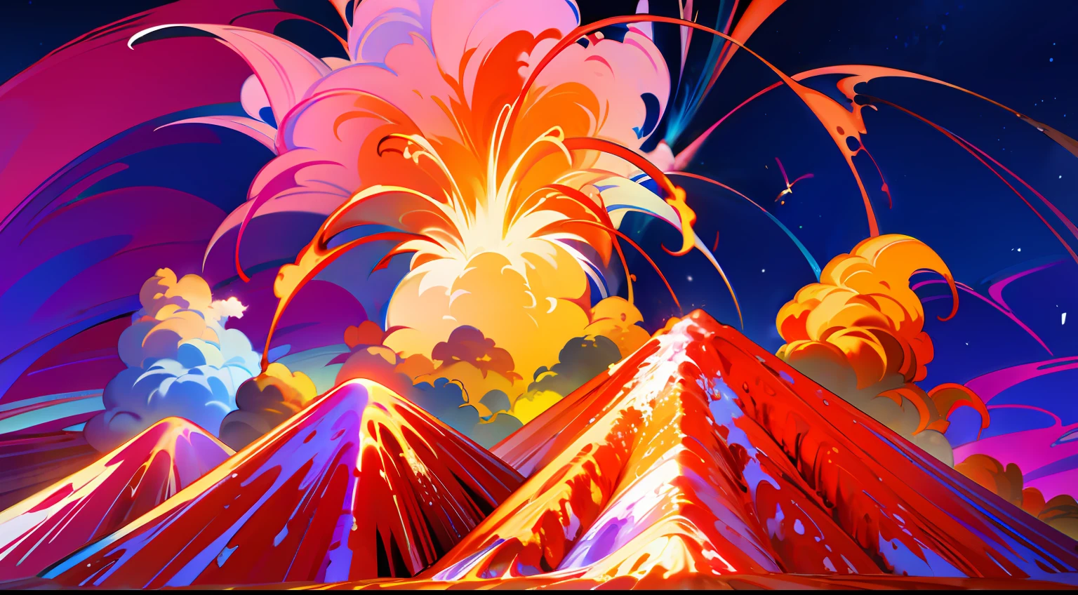 volcano exploding,Volcanic smoke,Various jets of Mars,Magma flows out of the volcano,deep blue background,Movie lighting,More refined details