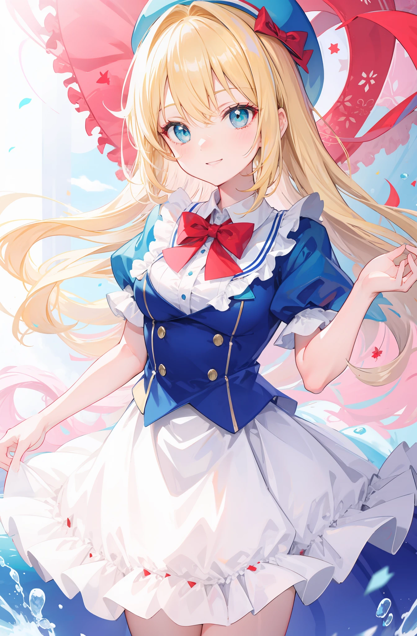 Long blonde hair,Aqua blue eyes,red bowtie,Little blue hat,ssmile