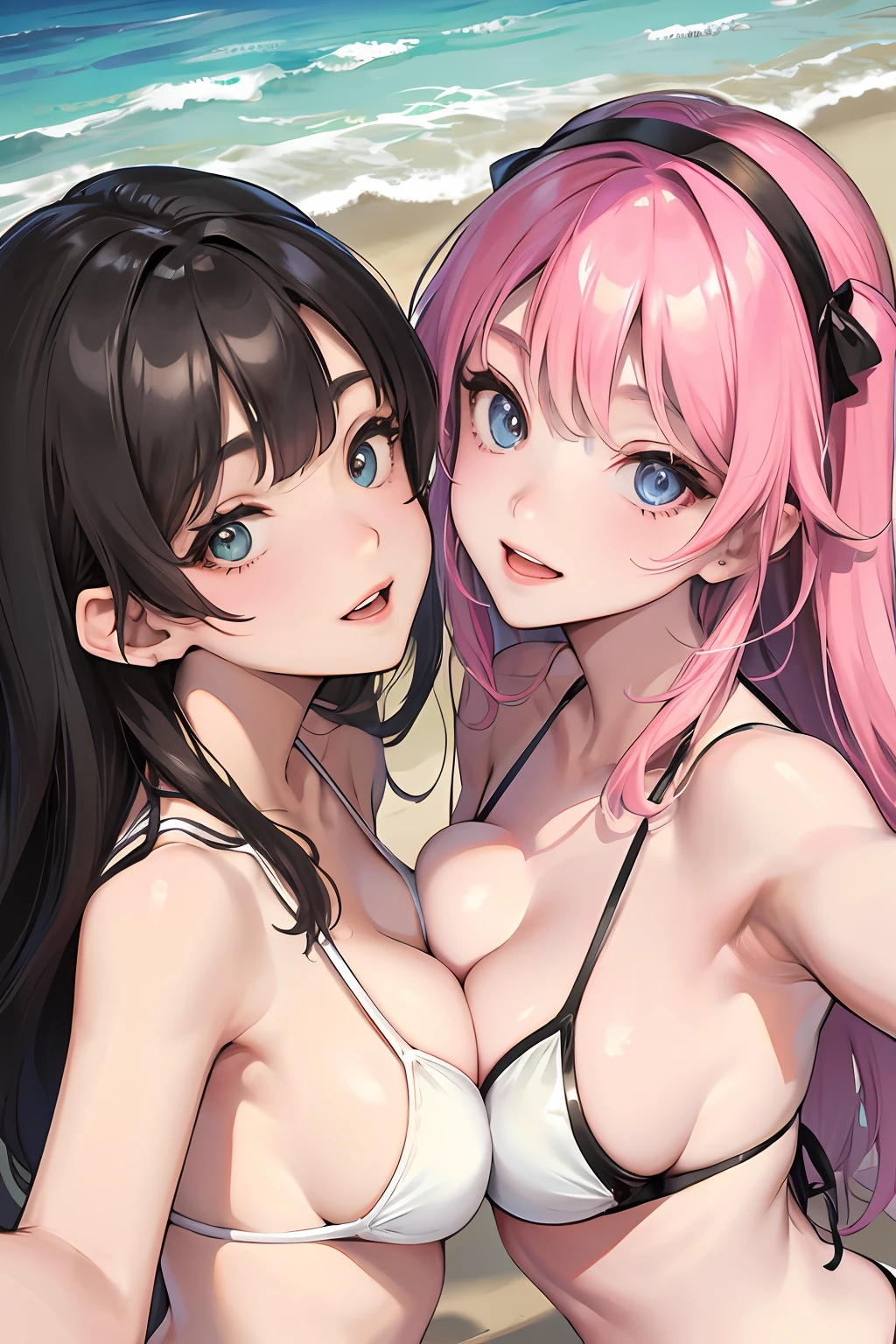 realisticlying、Two girls kiss selfie、Close contact between both breasts、Bikini Wearing、breasts are large、Smile