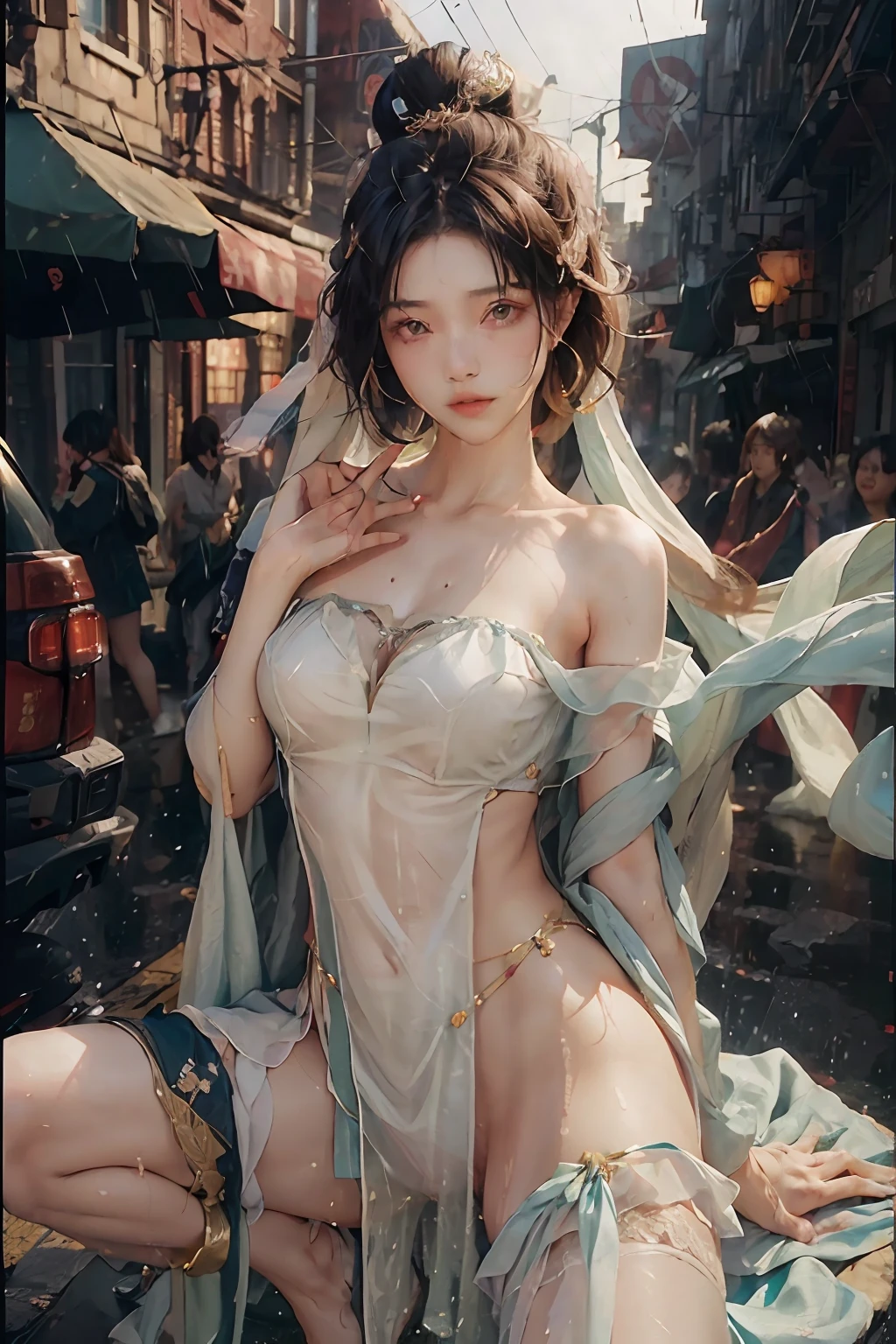 ((best qualtiy, 8k, tmasterpiece:1.3)), Focus:1.2, perfect figure beautiful woman:1.4, Cocked buttocks:1.2, ((Cut hair in layers, Beautiful breasts:1.2)), (wetclothes:1.1) , (Rain, Street:1.3), Bandeau Dress:1.1, Highly detailed facial and skin texture, A detailed eye, 二重まぶた,Whiten skin,long whitr hair,Spread your legs,No panties, no underwear