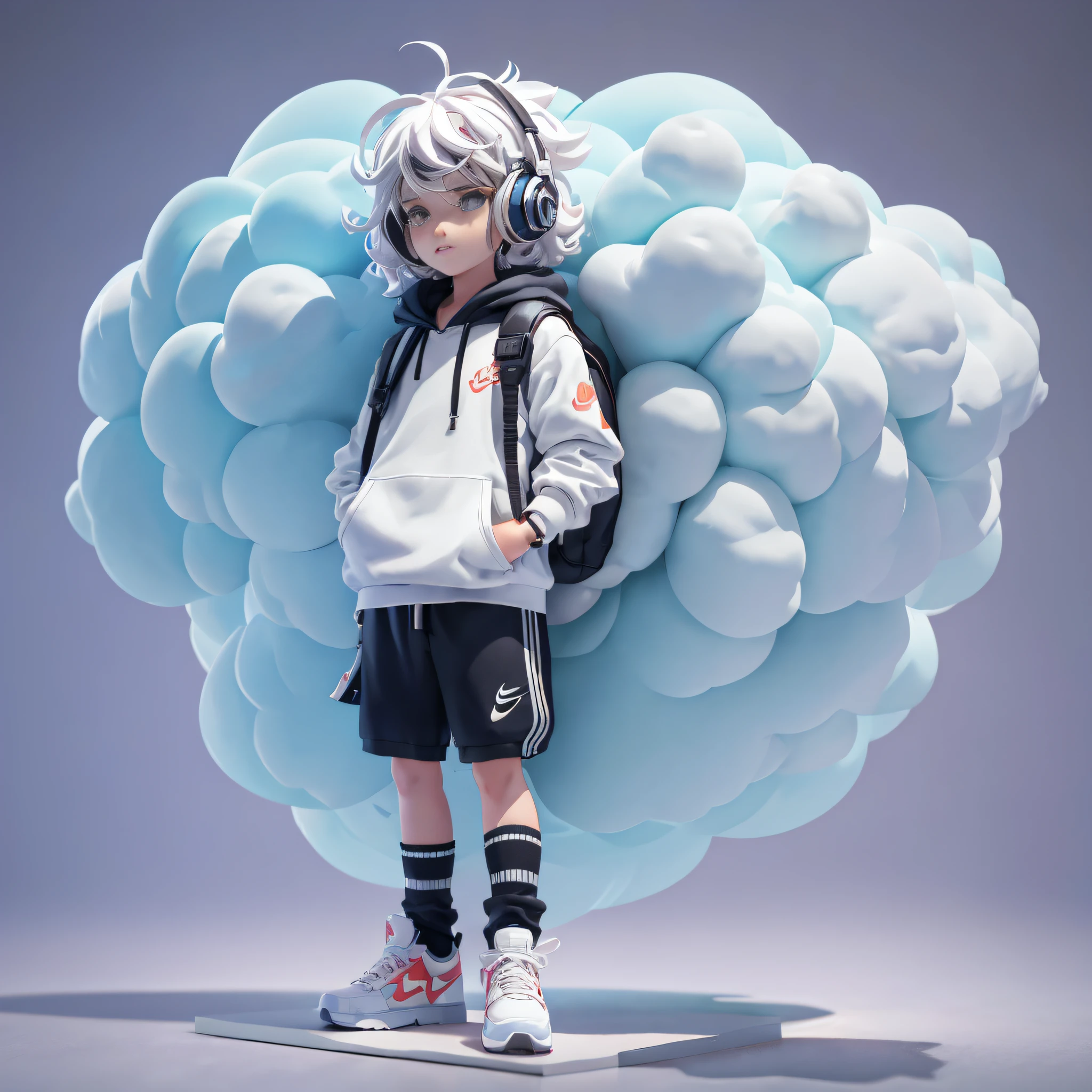 There is a little boy wearing headphones standing on a skateboard, 3 D rendering character art 8 K, anime styled 3d, cute 3 d render, Stylized anime, pouty look :: rendering by octane, childrens art in artstation, 3 d character render, soft 3d render, Cloud hair, 3 d render stylized, giant clouds, digital art render
