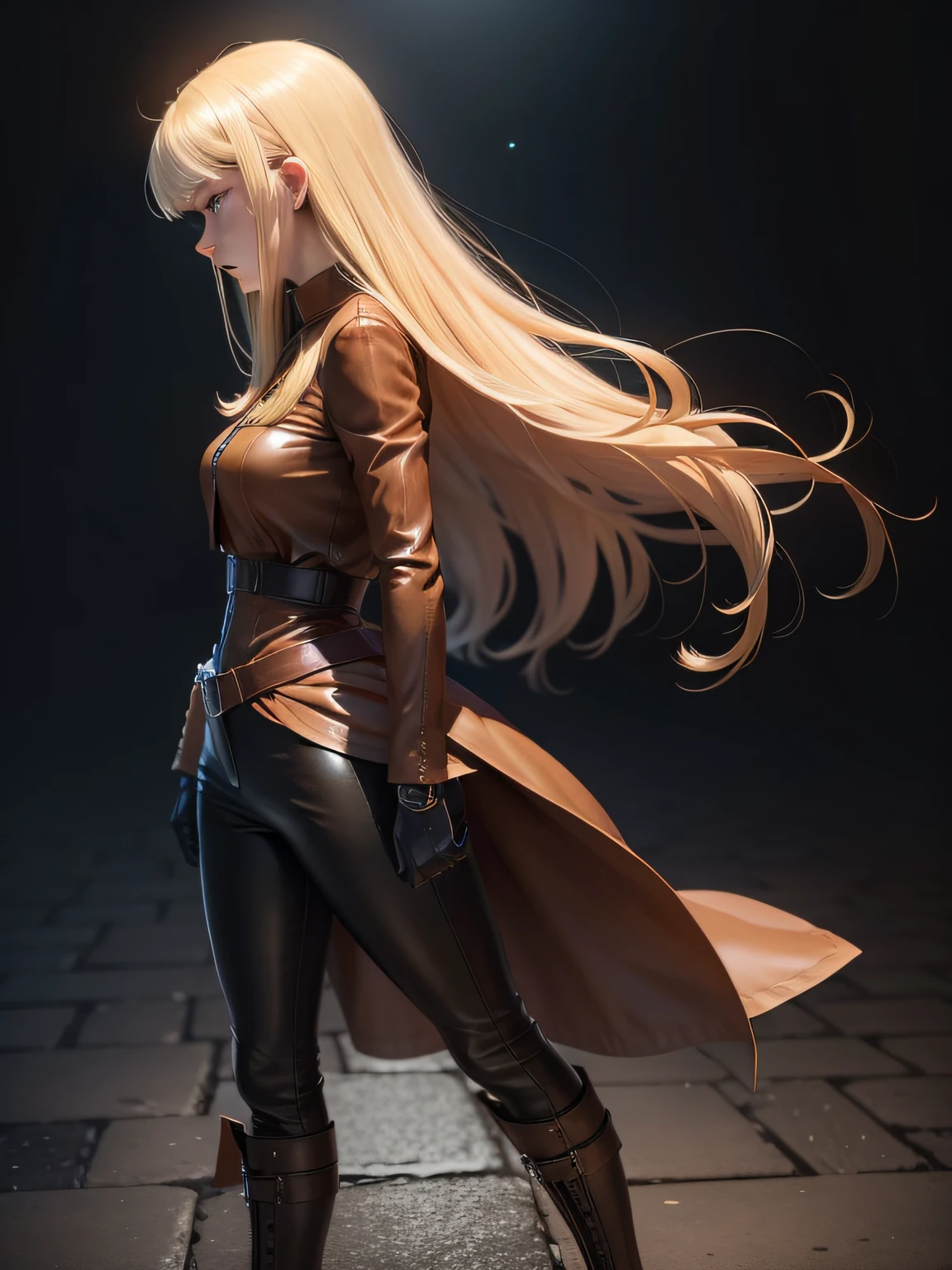 anime, full body in profile, girl, 15 years old, blonde, serious face, blue eyes, fists closed down, long beige blouse, long dark leather gloves, dark leather boots, brown leather pants, 2d