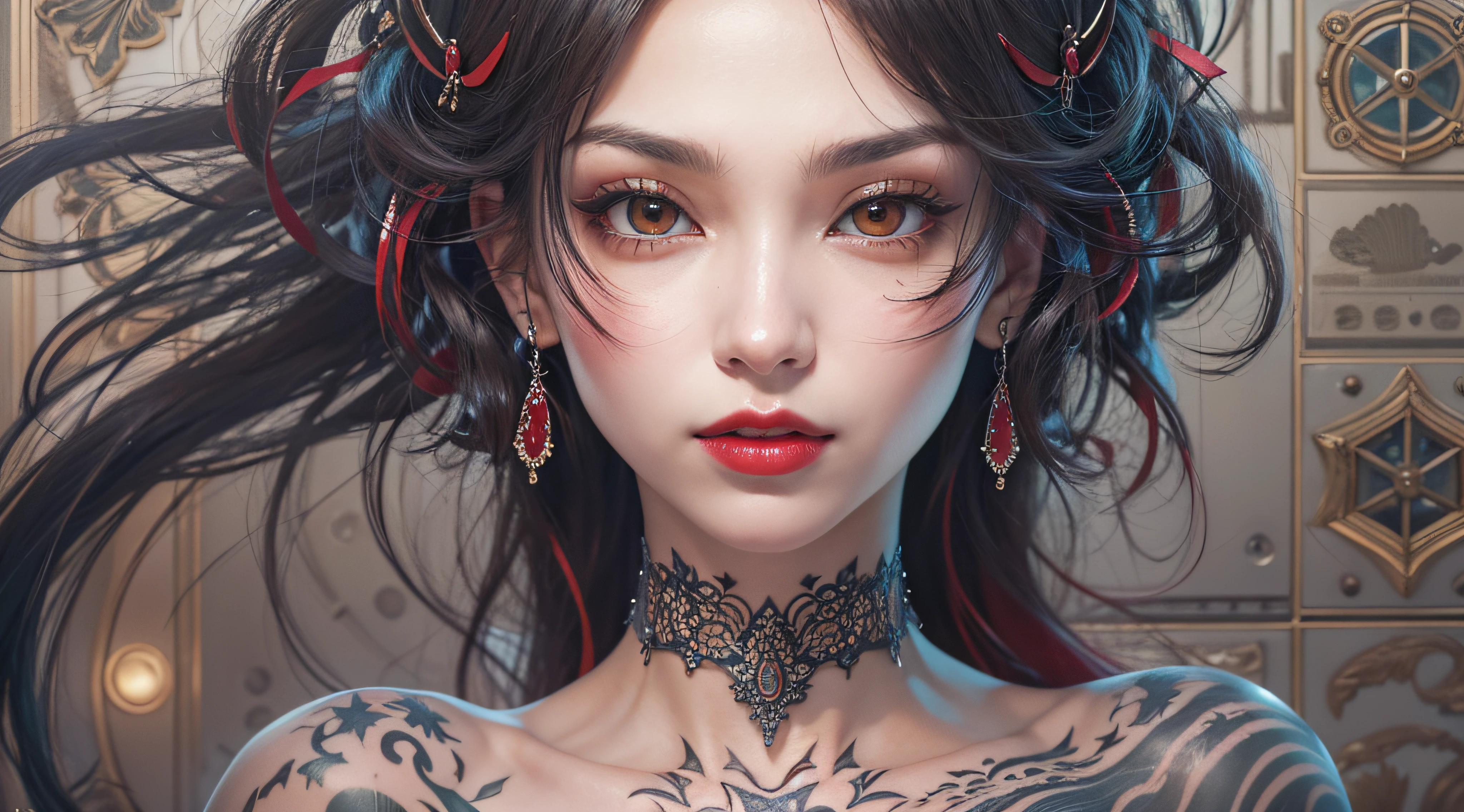 masutepiece, No clothes, Perfect nudity, Legs spread, SEX, random provocative poses, beastly pose, of the highest quality, High quality, Highly detailed CG Unity 8k wallpaper, Art Station, Digital Illustration, with an intricate, 動向, awardwinning photo, depth of fields, nffsw, chromatic abberation, Realism, Highly detailed, Art Station Trends, CGsociety Trends, with an intricate, high detailing, Dramatic, 8K, 16 K, of the highest quality, Photon mapping, Radio City, Photorealistic, Elaborate CG, physically-based renderingt, ultra realistic realistic textures, unreal enginee 5, motion angles, Cinematic lighting, Dramatic Lighting, Professional Lighting, Slender face Very detailed and expressive eyes, Shiny hair, High Texture、Detailed face and skin, highly detailed skin with pores, Perfect body line, Perfect bust line, exquisite collar bone, Perfect clavicle, Bewitching and mysterious oriental adult woman, Vampire, Red Lipstick, Red Eyes, Red Eye Shadow, Long gray hair with a glossy waist, sadistic smile, Tattoos all over the body, Gothic architecture of the 19th century、Stately research、fine furniture、Velvet upholstered chair、plush bookcase、fireplace、nighttime scene、Dim lighting、moonlights、