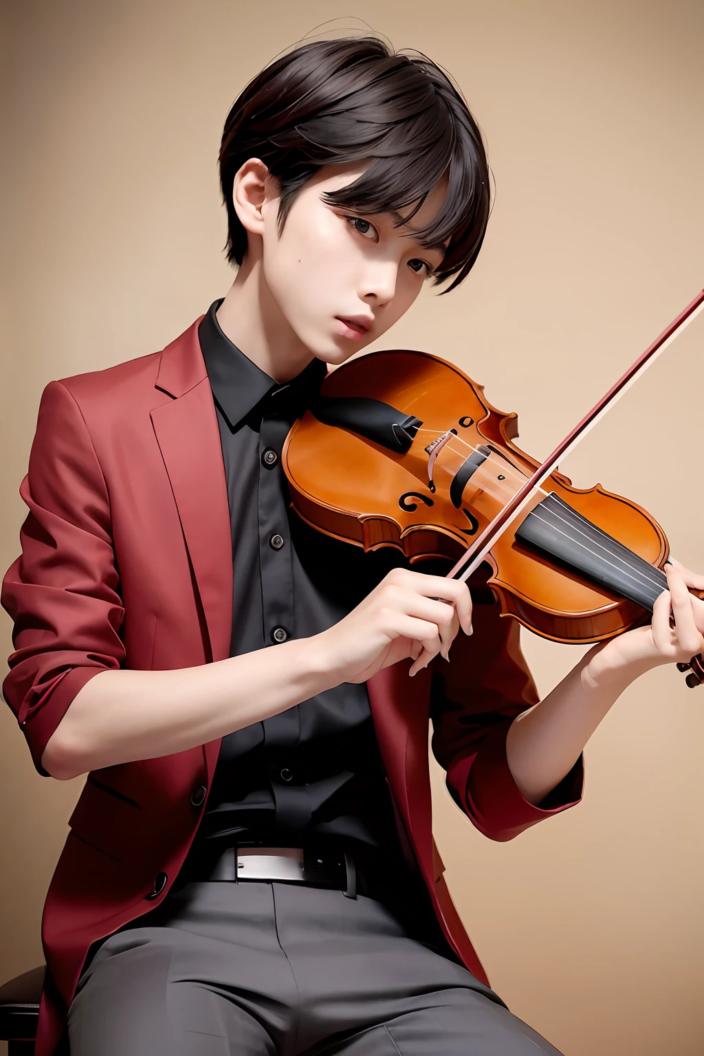 The boy sat on a stool,Holding a violin and a red bow, yanjun cheng, Cai Xukun, ???, resin, Taran violinist, new musical instruments, violin, standing on top of a violin, an instrument, warm and joyful atmosphere, Mini, album photo, yihao ren, A handsome, Official, youtube thumbnail, live, personal profile picture