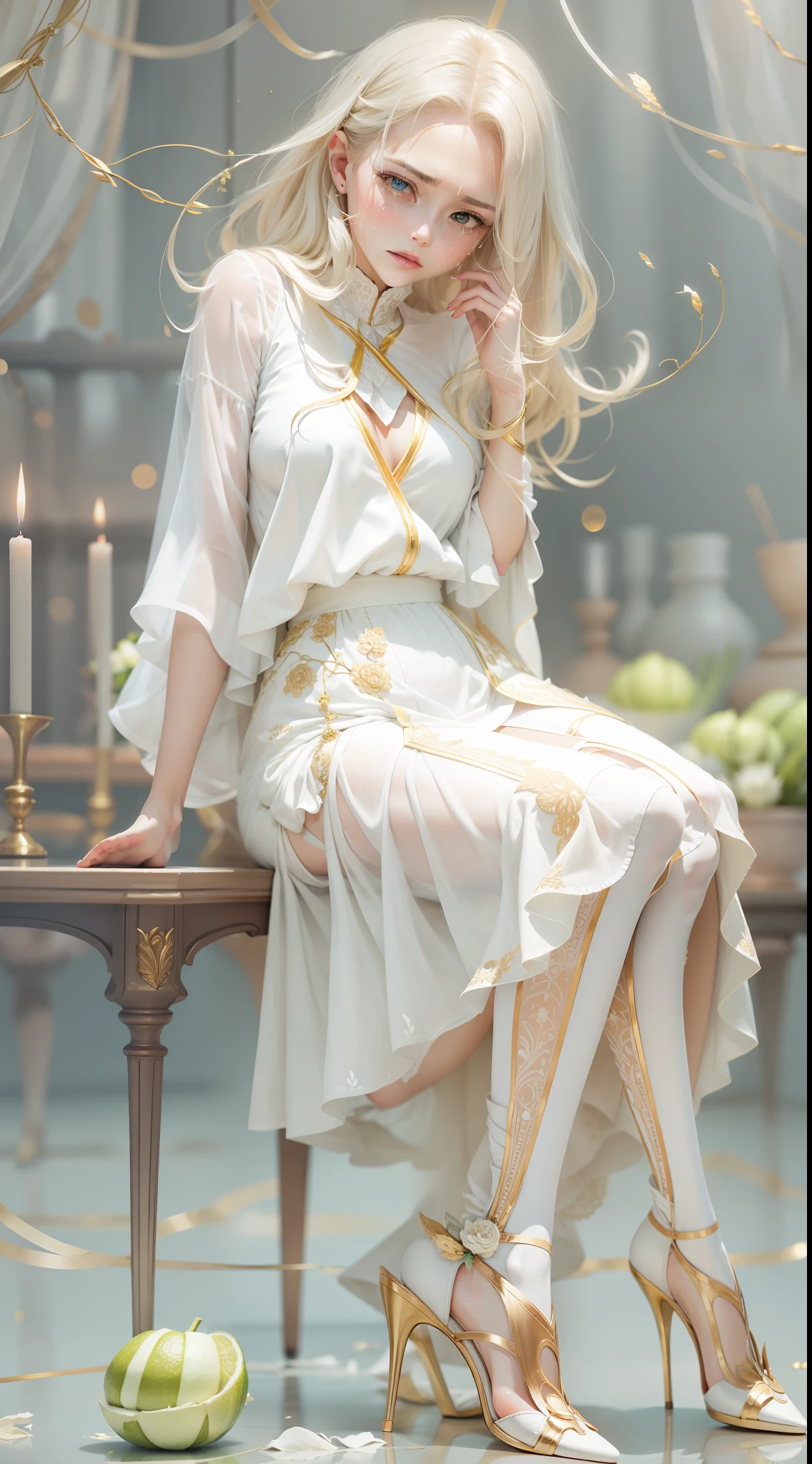 Melon seed face,Empty eyes,Moist body,crying woman,Gentle woman,White-blond hair,White blue stockings,White and gold high heels,a white long skirt,Gold wire around the clothes,slenderlegs,A drizzle