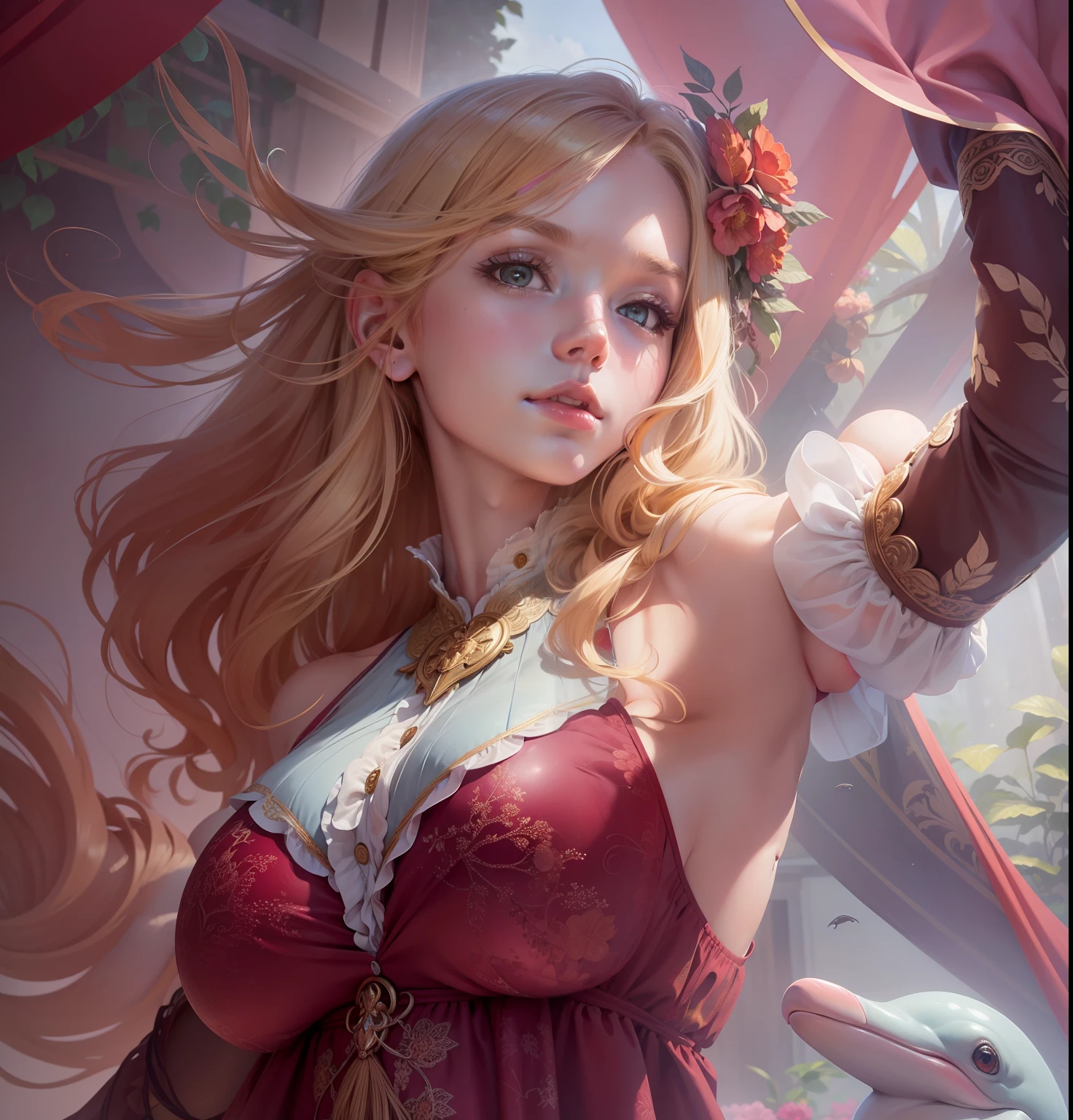 masterpiece, best quality, high resolution, fine detail, amazing and beautiful detail, different_pictures, 1 girl, solo, , nude, , from below, golden hair, red eyes, ,nudity, ( big boobs), (lower chest ) , outdoor , plants, botanical gardens, dolphin shorts, back sleeves
