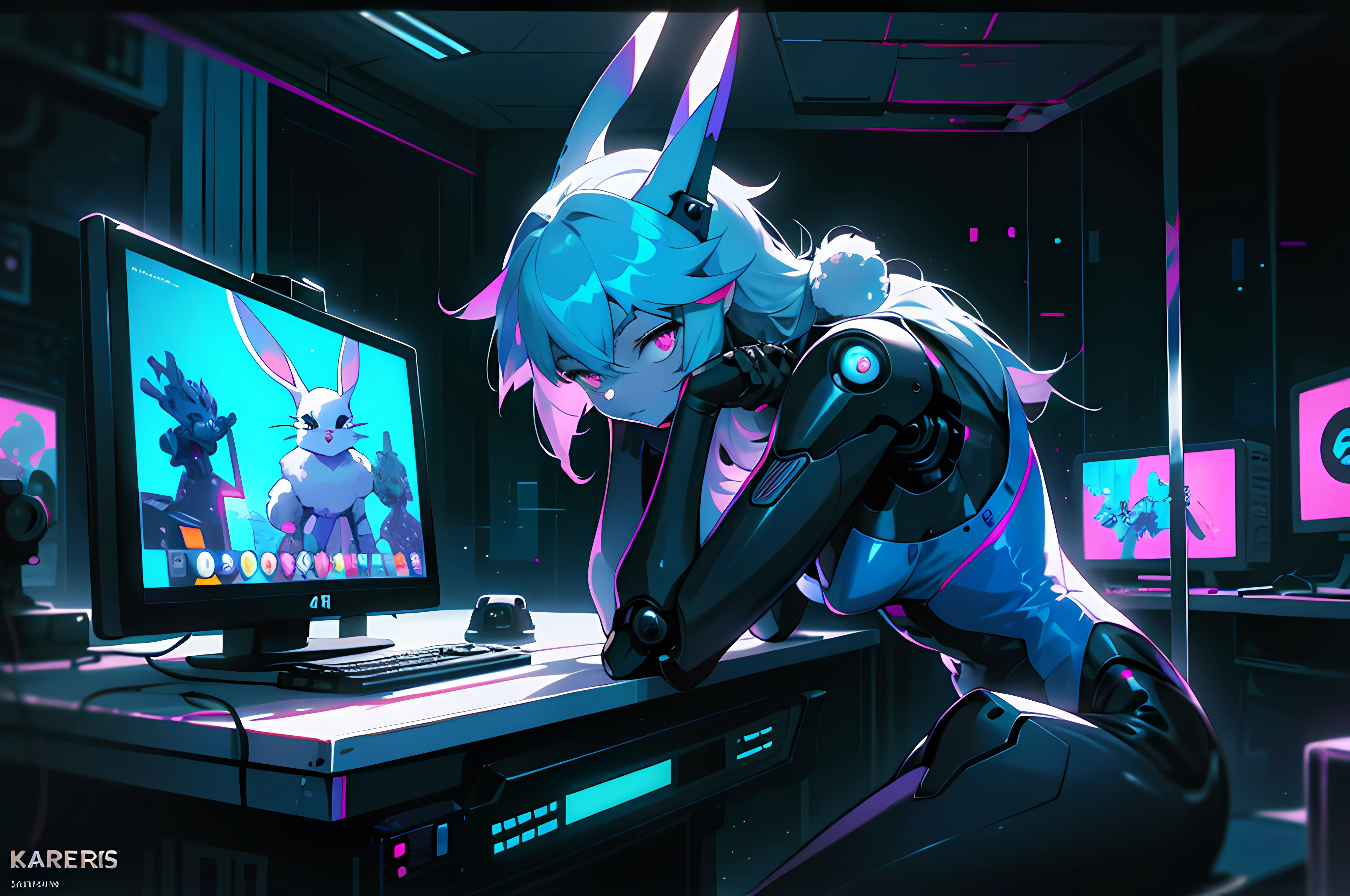 a digital painting of a cyberpunk anthro kemono furry blue rabbit girl, cyberpunk art by Josan Gonzalez, behance contest winner, afrofuturism, synthwave, neon, glowing neon, crt screencap of a cel animation still from a 1980s neon dystopian anime about a cyberpunk anthro kemono furry blue rabbit girl who patrols the streets looking for criminal robots, (blame! style abandoned tech landscape), (Zen, Amy Sol style), (((beats to relax/study to))), (((Lofi anthro kemono blue-furred rabbit girl in power armor sitting in metal chair behind computer terminal, behind giant glass terminal screen, beats to relax/study to))), (((blue kemono beastars furry rabbit anime hacker with small soft furry paws))), (((suspended glass cyberpunk computer terminals with robot rabbit in background))), ((glowing cyberdeck screens)), (underground, dark, foggy, perilous, abandoned dystopian apartment bedroom, deep windows), (abstract anthro rabbit figure wearing bunny ears), cover art with light abstraction, abstract, simple vector art, contemporary Cybernetic art, color gradients, soft color palettes, layered forms, whimsical animation, style Ethereal abstract, 4K, --v6