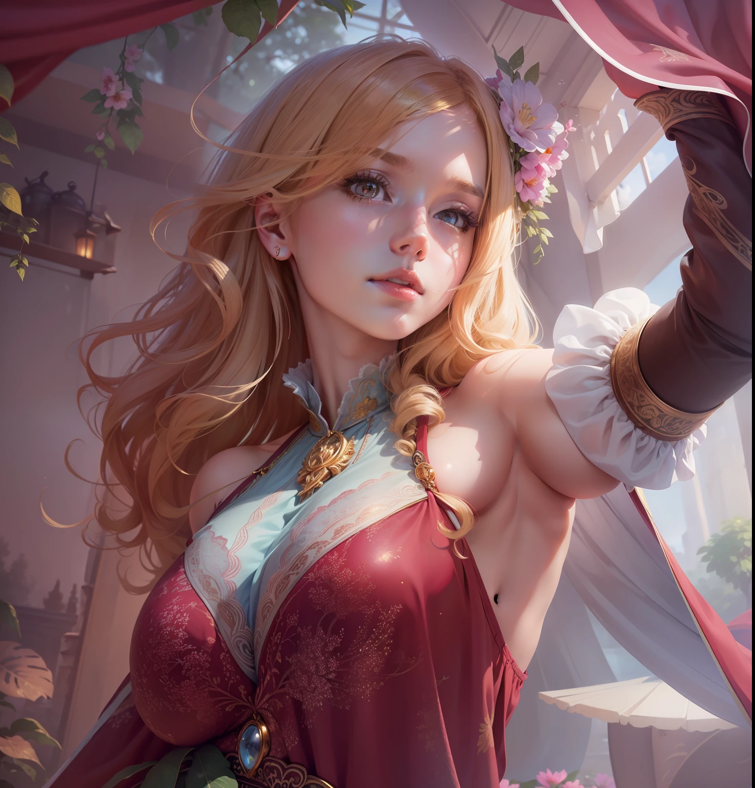 masterpiece, best quality, high resolution, fine detail, amazing and beautiful detail, different_pictures, 1 girl, solo, , nude, , from below, golden hair, red eyes, ,nudity, ( big boobs), (lower chest ) , outdoor , plants, botanical gardens, dolphin shorts, back sleeves