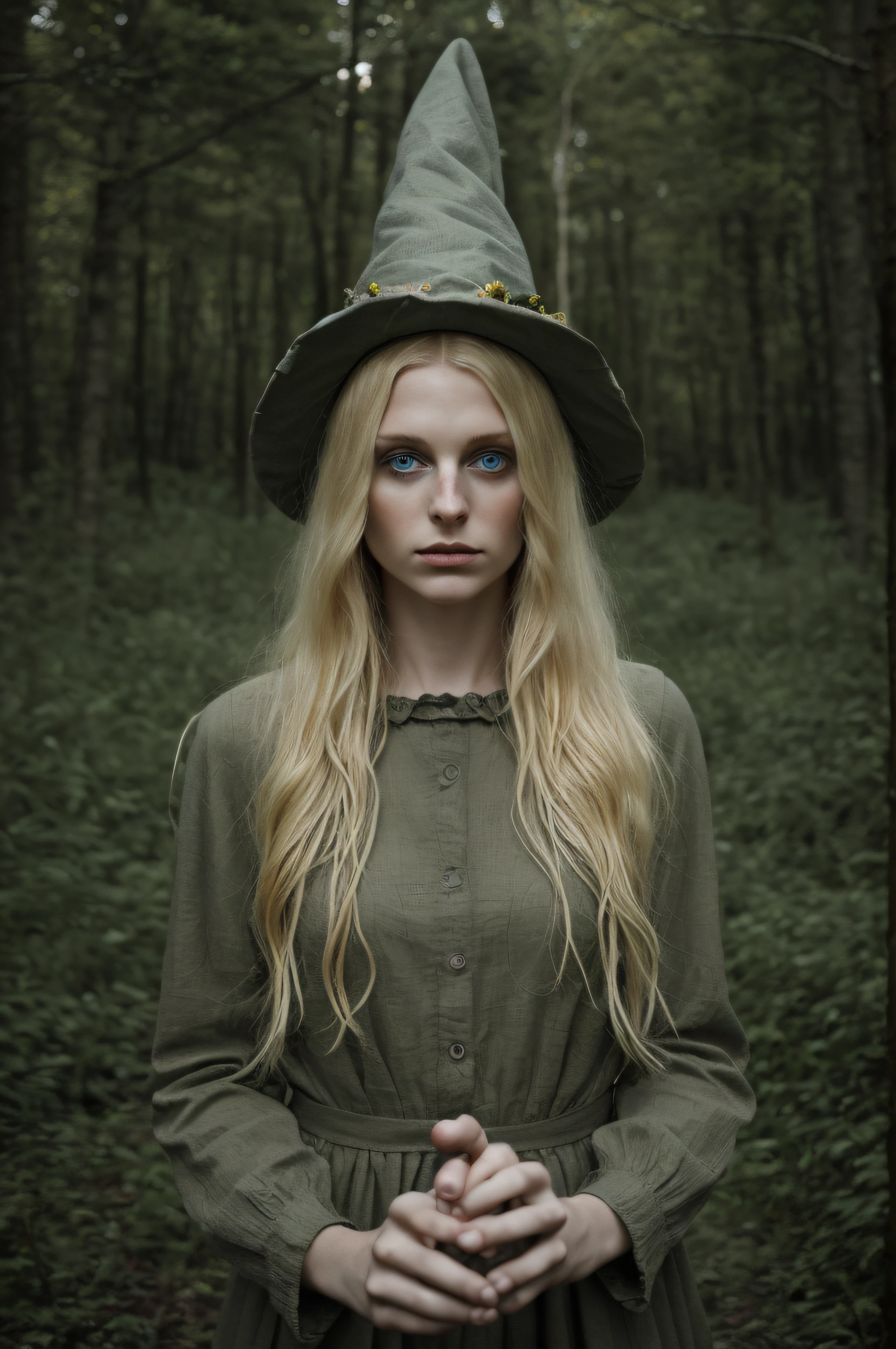 Foto RAW, DSLR BREAK (KKKW-PH1:0.9) BREAK blonde witch in a forest unleashing powers by the hand, wearing a witch's hat, olhos brilhantes, Gloomy Illumination