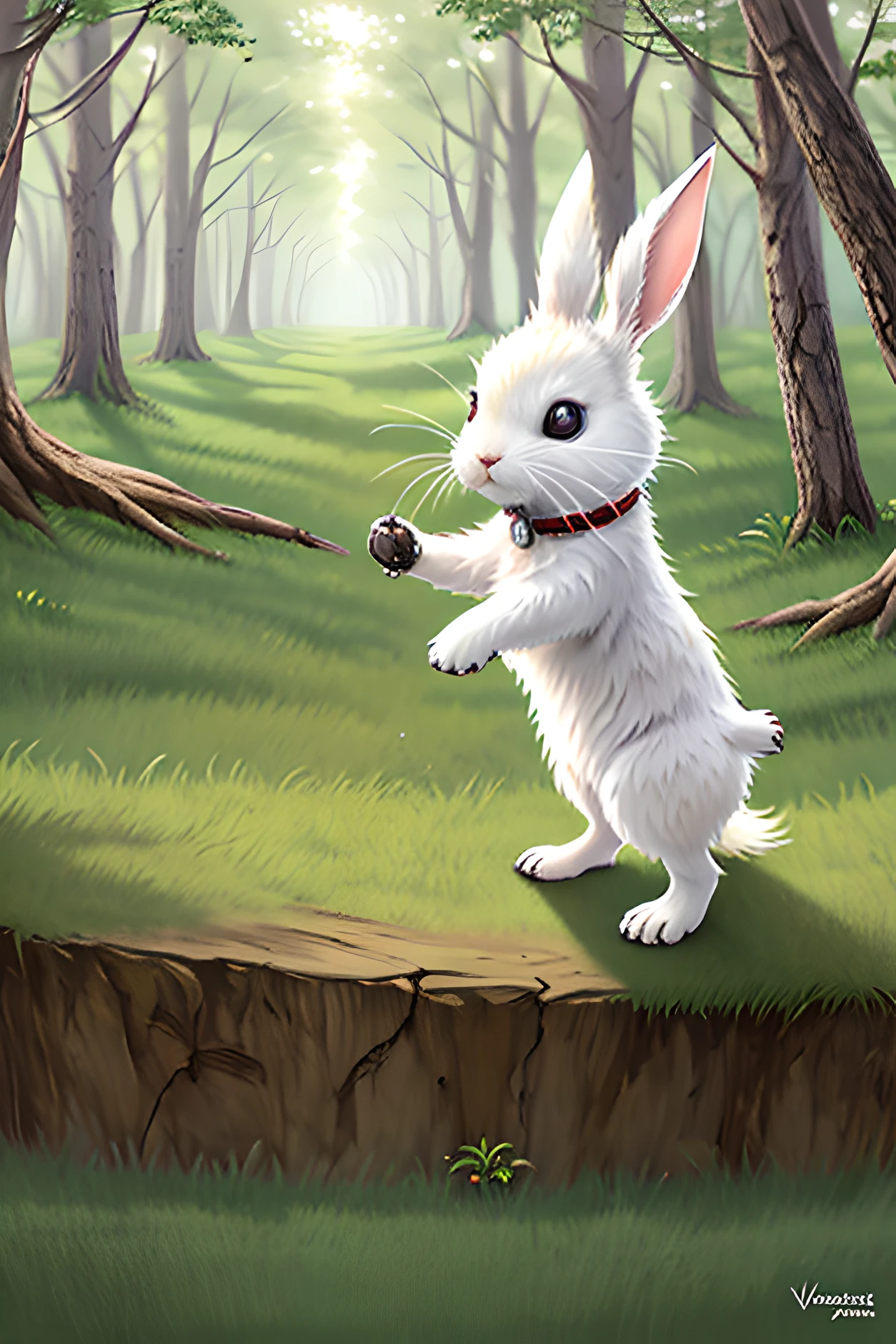 A picture of the white rabbit exploring the forest, with his curiosity evident on his face.