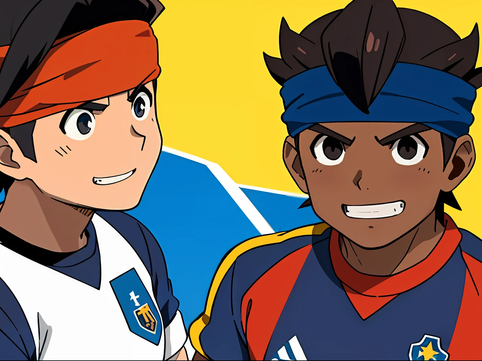 Mark Evans, headband, uniforme de futebol preto, cabelo castanho, sorriso, olhos castanhos, luvas de goleiro, standing infont of a goal, blue demon behind him