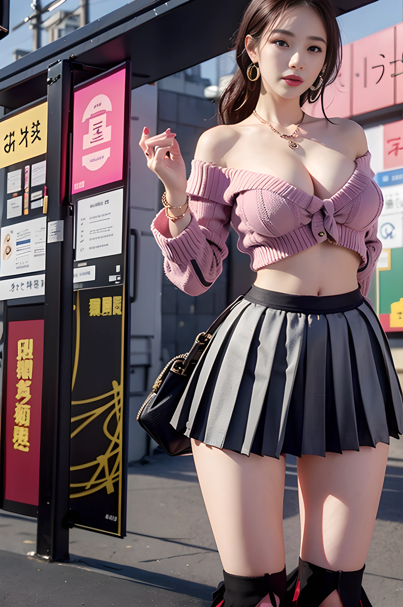 4K, RAW photo, Best quality, Masterpiece, 超高分辨率, (Photorealistic:1.4), Realistic,
(Best quality, Masterpiece:1.2), (extremly intricate), (1girll, full bodyesbian), Dynamic Angle, Dynamic pose, ((exhibitionism:1.4)),
Shibuya \(toyko\), Bus stop, bus stop sign,
(NSFW:0.9), ((only_Sweater)), (off-shoulder sweater, crop tops, long-sleeves sweater), ((lowrise:1.2)), (Pleated skirt, Miniskirt:1.7), necklace, Earrings,
Black hair, Shiny skin, (gigantic cleavage breasts), Narrow waist, ((navel, stomach:1.4)), (Wide hips, thigh gap:1.4), Red lips, Makeup, Huge ass,