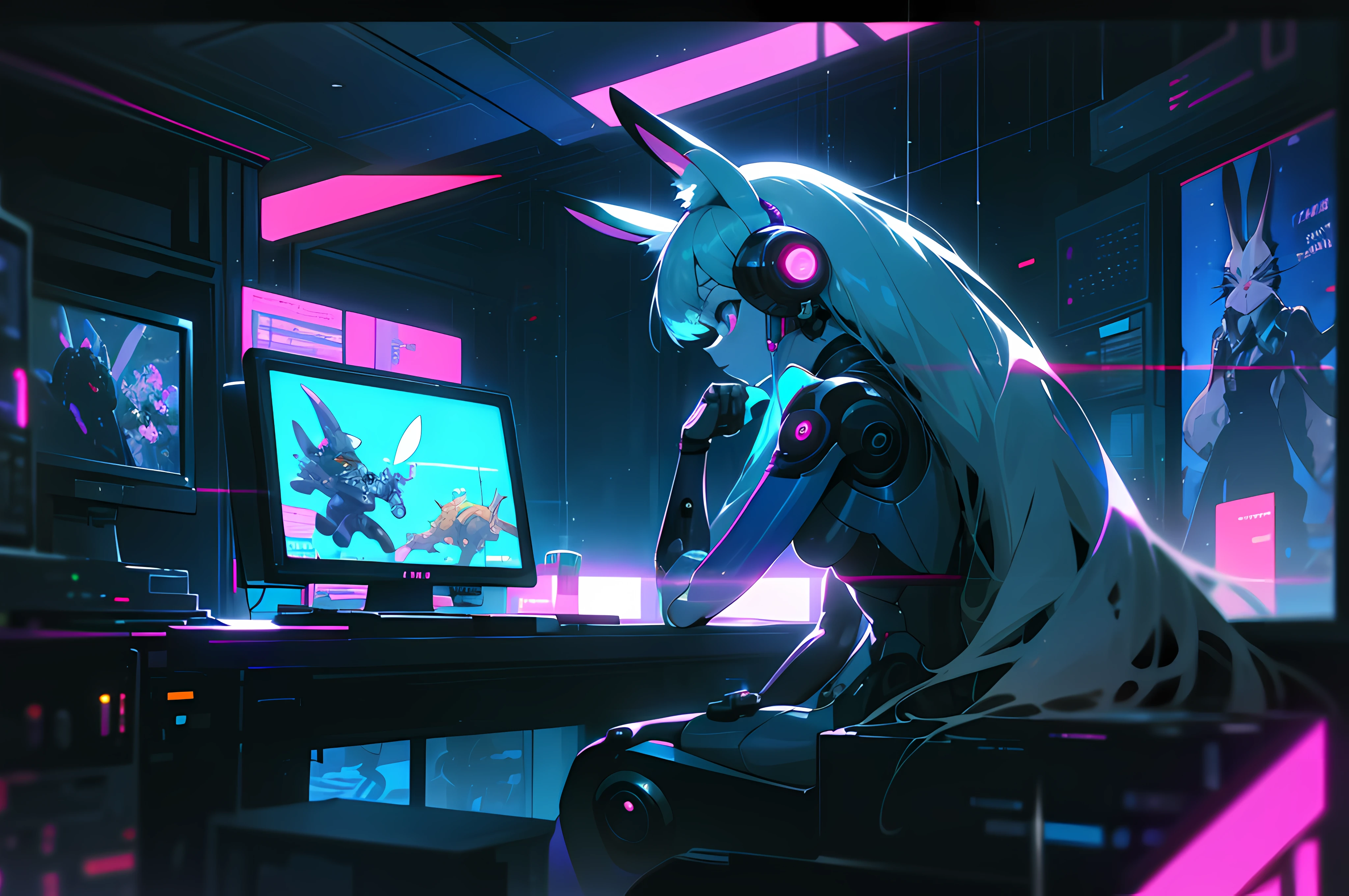a digital painting of a cyberpunk anthro kemono furry blue rabbit girl, cyberpunk art by Josan Gonzalez, behance contest winner, afrofuturism, synthwave, neon, glowing neon, crt screencap of a cel animation still from a 1980s neon dystopian anime about a cyberpunk anthro kemono furry blue rabbit girl who patrols the streets looking for criminal robots, (blame! style abandoned tech landscape), (Zen, Amy Sol style), (((beats to relax/study to))), (((Lofi anthro kemono blue-furred rabbit girl in power armor sitting in metal chair behind computer terminal, behind giant glass terminal screen, beats to relax/study to))), (((blue kemono beastars furry rabbit anime hacker with small soft furry paws))), (((suspended glass cyberpunk computer terminals with robot rabbit in background))), ((glowing cyberdeck screens)), (underground, dark, foggy, perilous, abandoned dystopian apartment bedroom, deep windows), (abstract anthro rabbit figure wearing bunny ears), cover art with light abstraction, abstract, simple vector art, contemporary Cybernetic art, color gradients, soft color palettes, layered forms, whimsical animation, style Ethereal abstract, 4K, --v6