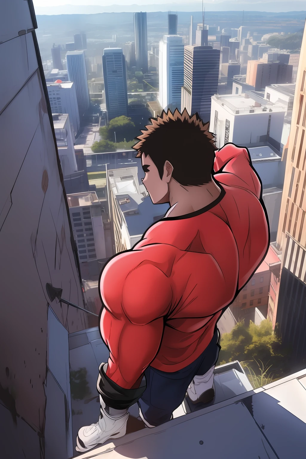 Generate anime-style artwork with a high-angle shot of a muscular male character with his back facing the camera, THE CHARACTER IS ON TOP OF A TALL BUILDING, O protagonista deve possuir um corpo extremamente musculoso, semelhante ao de um fisiculturista. O personagem deve ter cabelos muito curtos e estar vestido com uma camiseta vermelha, black pants and white boots. A imagem deve retratar o corpo inteiro do personagem, with the focus on his intimidating posture behind. The protagonist must exude strength and dominance, displaying a powerful presence. A cena deve apresentar apenas o personagem musculoso, THE CHARACTER MUST BE ON TOP OF A BUILDING SHOWING A LARGE CITY BELOW HIM