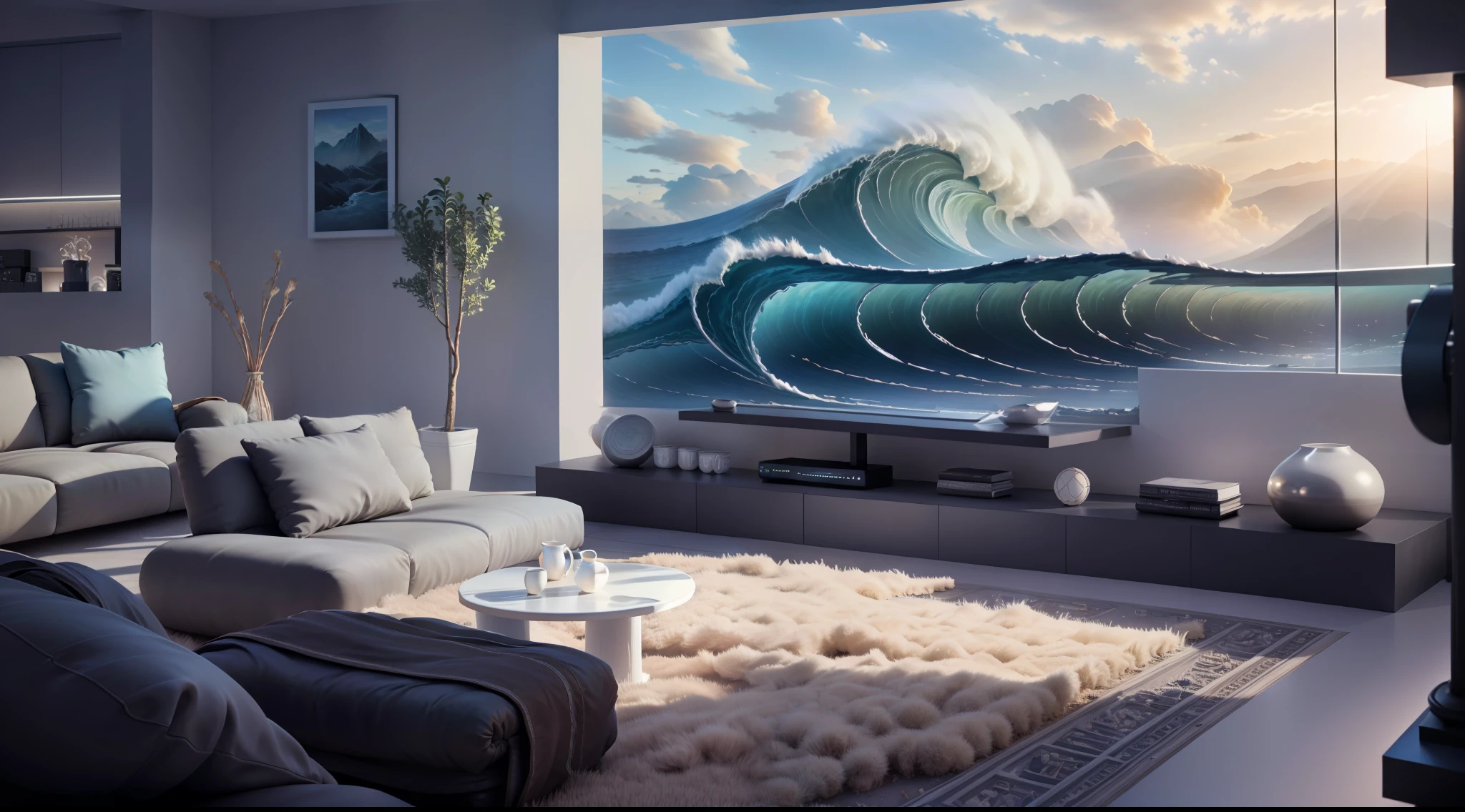 Living room of the future, strong sense of technology, sofa, coffee table, TV with surf waves, (panorama), potted plants, backlight, high quality, super thin, detailed, precise, (masterpiece), masterpiece, (16k resolution), film lighting, dynamic perspective, Chinese mythology, master work, best image quality, (Tyndall effect)