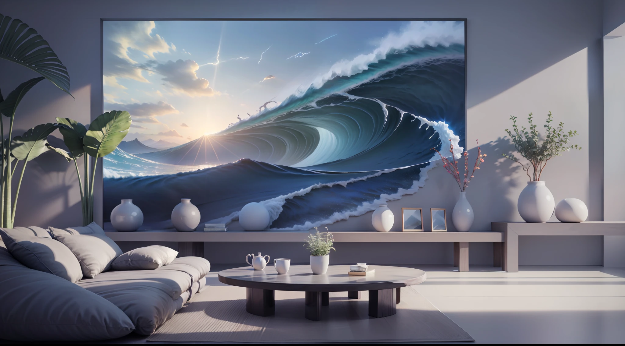 Living room of the future, strong sense of technology, sofa, coffee table, TV with surf waves, (panorama), potted plants, backlight, high quality, super thin, detailed, precise, (masterpiece), masterpiece, (16k resolution), film lighting, dynamic perspective, Chinese mythology, master work, best image quality, (Tyndall effect)