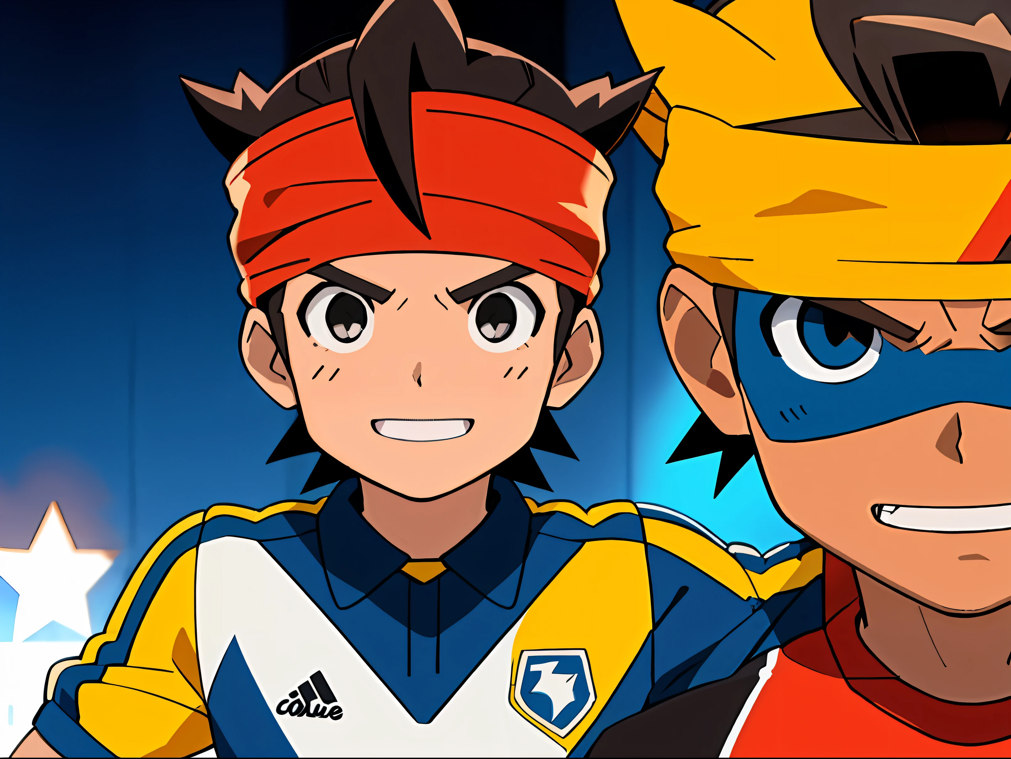 Mark Evans, headband, uniforme de futebol preto, cabelo castanho, sorriso, olhos castanhos, luvas de goleiro, standing infont of a goal, blue demon behind him