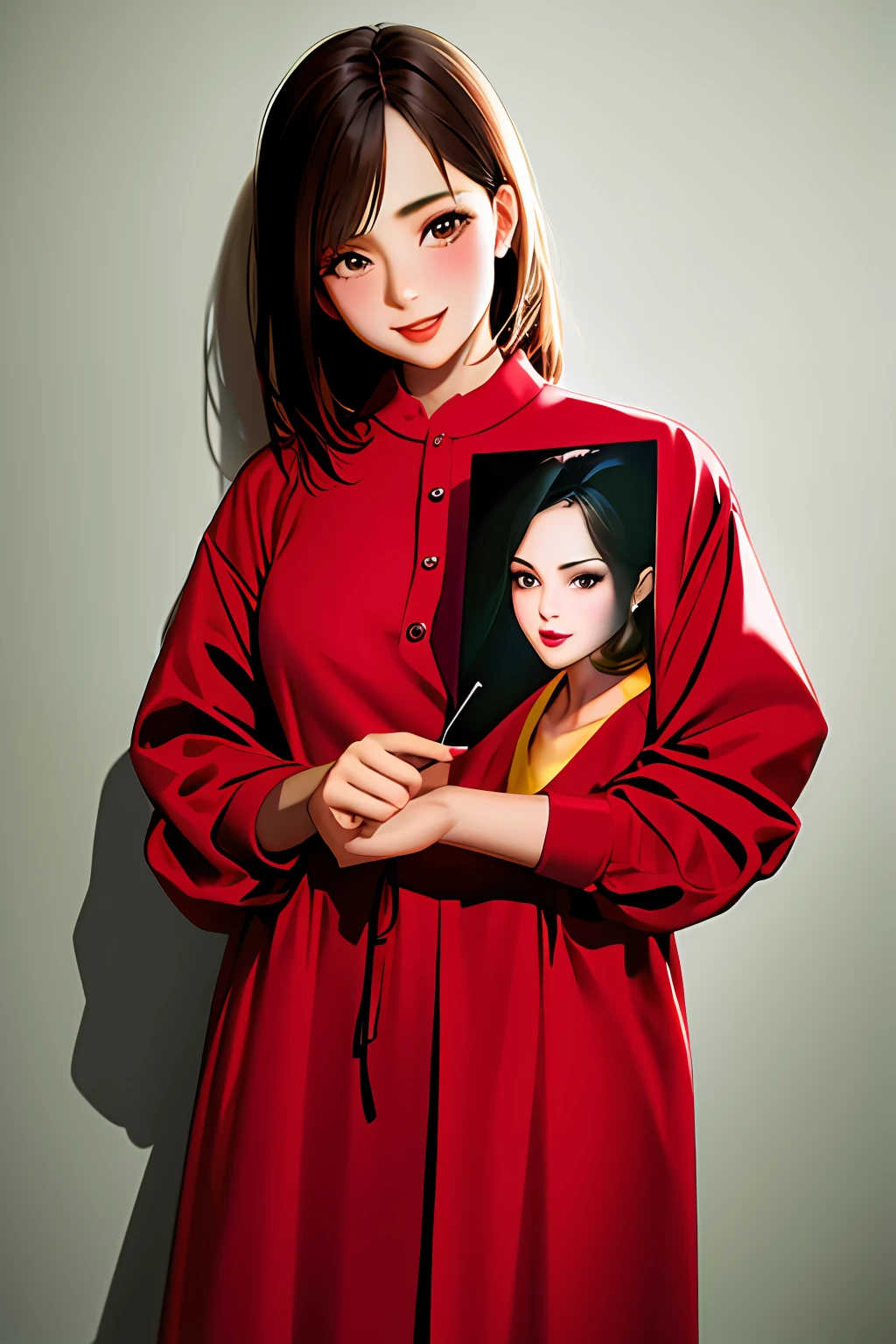 1girl, solo, tema vermelho, olhando para o espectador, retrato, do lado, bad-girl, ((matural female)), sorrindo, holding balloon with picture of a man