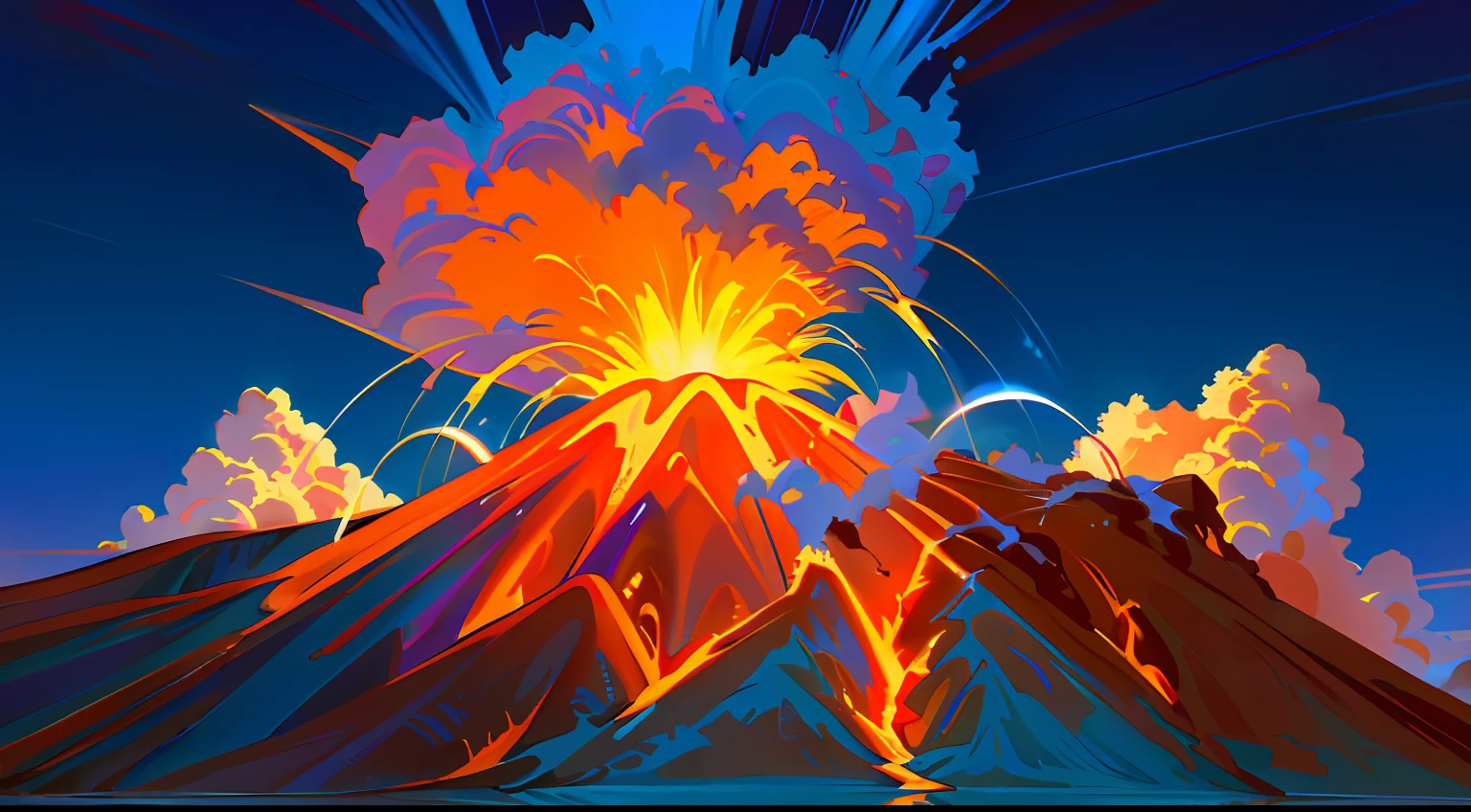 volcano exploding,Volcanic smoke,Various jets of Mars,Magma flows out of the volcano,deep blue background,Movie lighting,More refined details