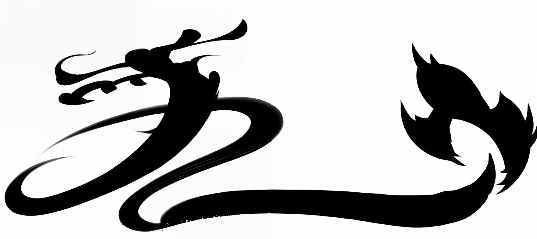 Black and white image of a dragon with a tail, inspired by Sōami, inspired by Shūbun Tenshō, header with logo, Title kanji, zen ink, chinese mongolian script, inspired by Tōichi Katō, Daoism, ( ( Brush stroke ) ), inspired by Nōami, caligraphy