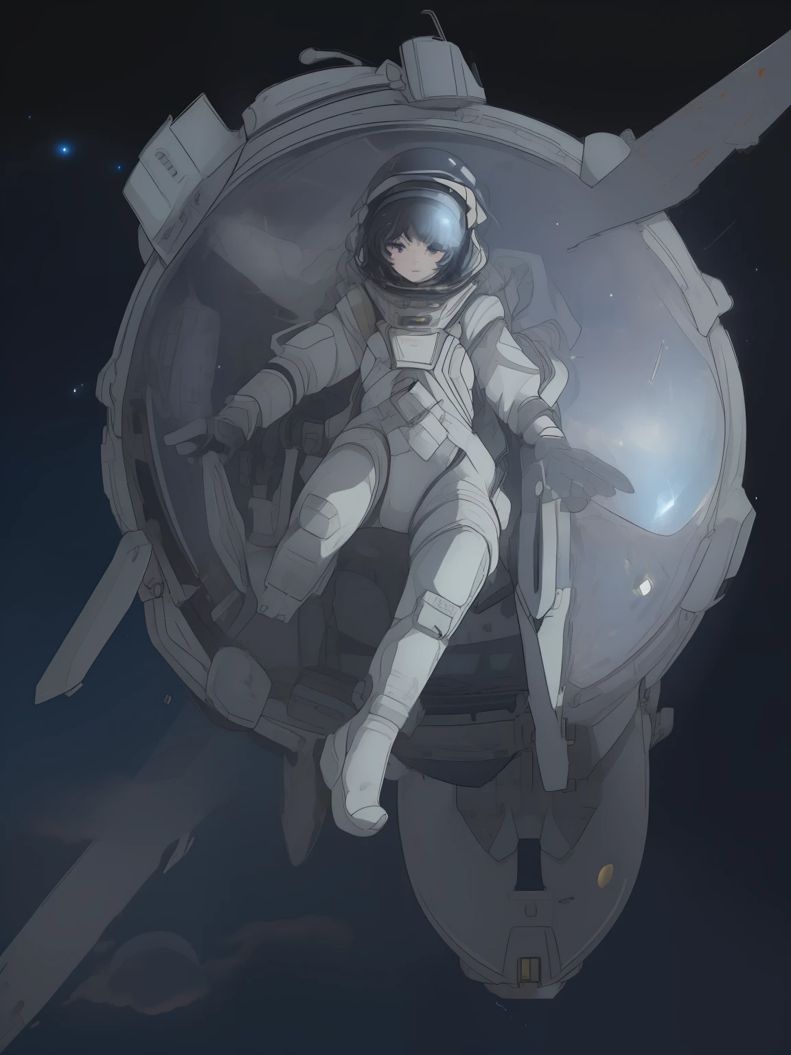 (((masterpiece,best quality,an extremely delicate and beautiful,illustration))),(dynamic angle, medium long shot),((a cute_detailed_girl in spacesuit,beautiful_detailed_face in aerospace_helmet)),(((full body))),(disheveled hair:0.3),(((clouds:0.3),multiple_luna,(floating_fortress technology machinery),night sky background)),(cyberpunk_aerospace_helmet), 
(perspective:1.2),