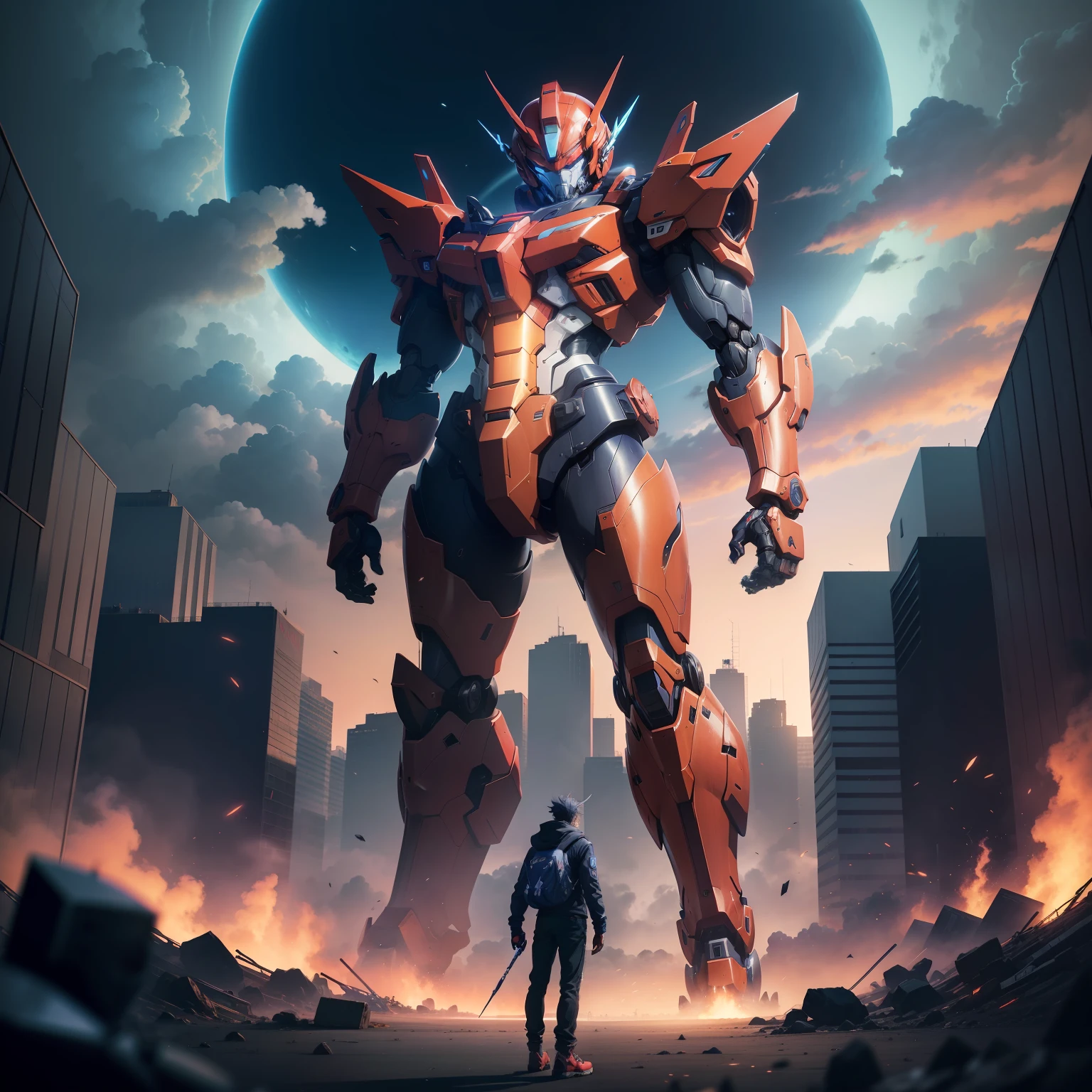Anime scene of a man standing in front of a giant robot, style of ssss.gridman (2018), evangelion third impact inspired, anime mecha aesthetic, anime large mecha robot, gundam head, cybertronian, anime robotic mixed with organic, giant anime mecha, Mecha Inspiration, cool mecha style, SSSS.gridman