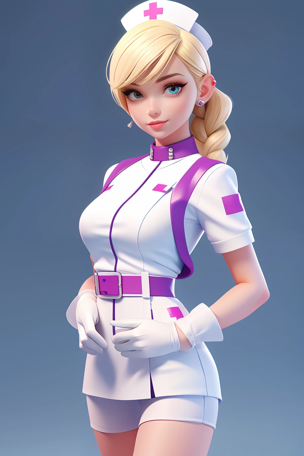 3dcharacter,Stud earrings,(full bodyesbian:1.2),Simple background, Masterpiece,Best quality,(white backgrounid:1.1), tmasterpiece，Best quality at best，Blonde female nurse，Wear gloves in the hospital，white nurse outfit