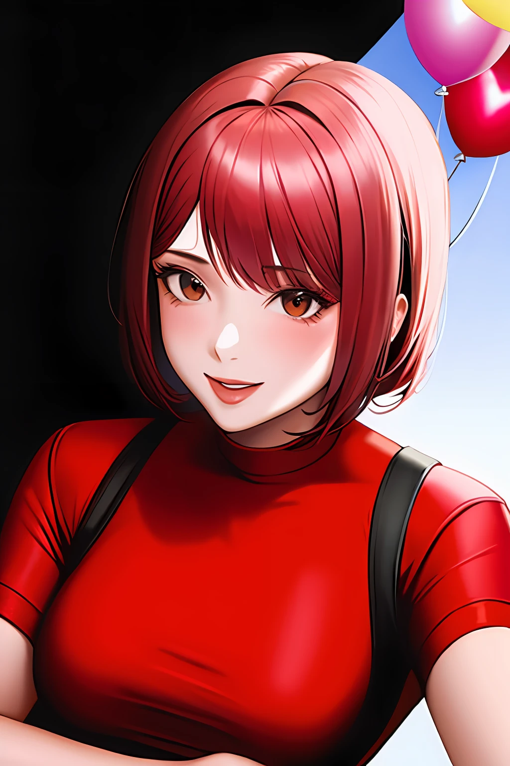 1girl, solo, tema vermelho, olhando para o espectador, retrato, do lado, bad-girl, ((matural female)), sorrindo, holding balloon with picture of a man