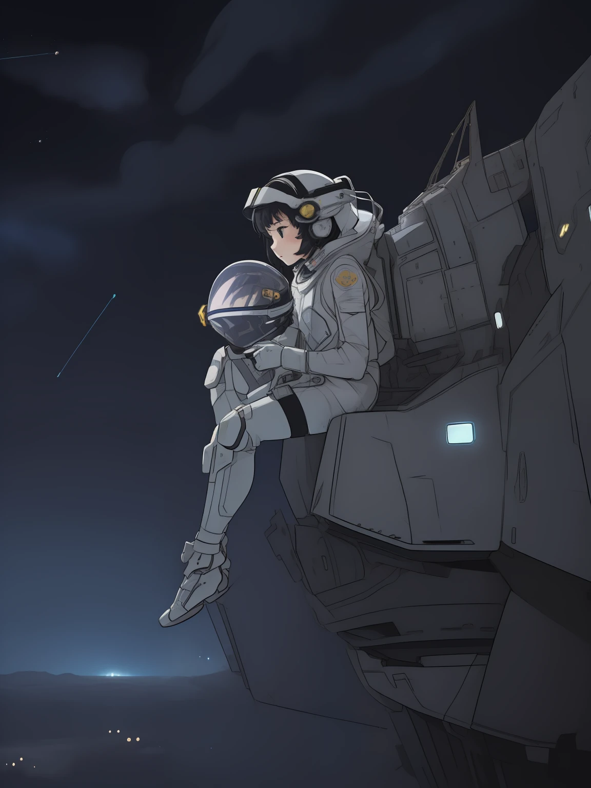 (((masterpiece,best quality,an extremely delicate and beautiful,illustration))),(dynamic angle, medium long shot),((a cute_detailed_girl in spacesuit,beautiful_detailed_face in aerospace_helmet)),(((full body))),(disheveled hair:0.3),(((clouds:0.3),multiple_luna,(floating_fortress technology machinery),night sky background)),(cyberpunk_aerospace_helmet),
(perspective:1.2),
