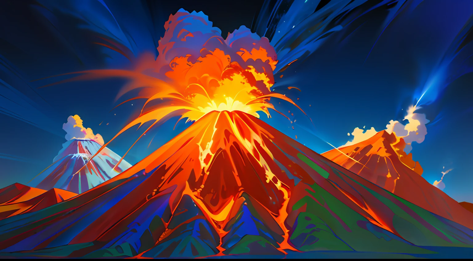 volcano exploding,Volcanic smoke,Various jets of Mars,Magma flows out of the volcano,deep blue background,Movie lighting,More refined details