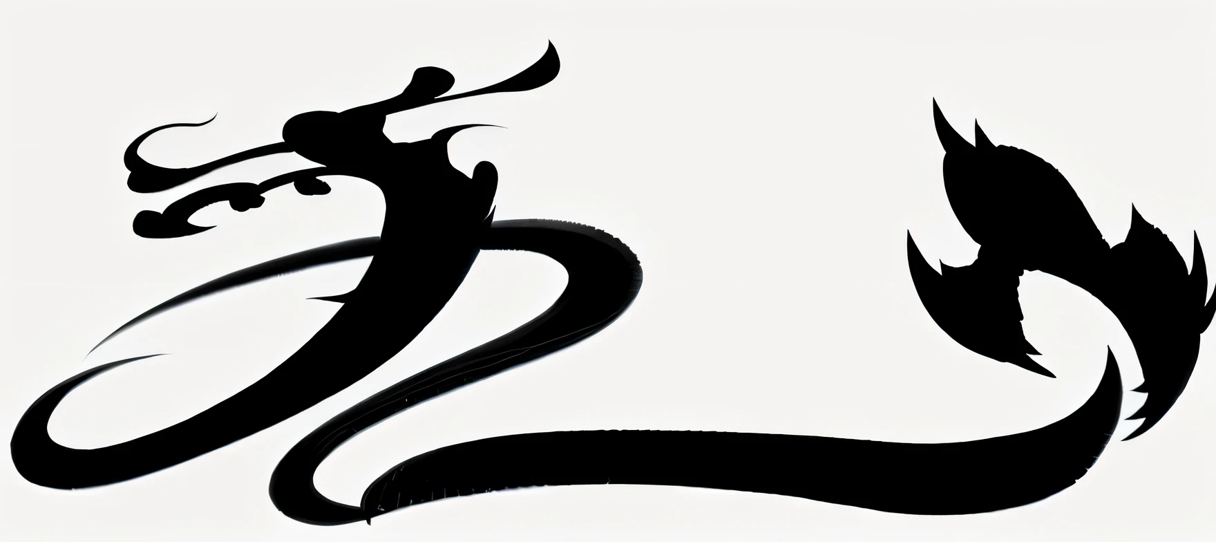 Black and white image of a dragon with a tail, inspired by Sōami, inspired by Shūbun Tenshō, header with logo, Title kanji, zen ink, chinese mongolian script, inspired by Tōichi Katō, Daoism, ( ( Brush stroke ) ), inspired by Nōami, caligraphy