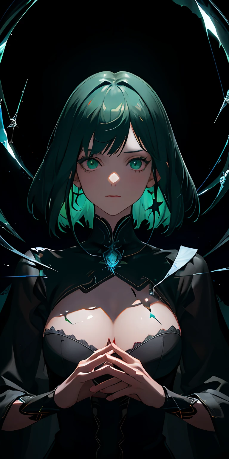 (masterpiece, best quality, ultra-detailed, best shadow), (detailed background,dark fantasy), (beautiful detailed face), high contrast, (best illumination, an extremely delicate and beautiful), ((cinematic light)), colorful, hyper detail, dramatic light, intricate details, (1 girl, solo,green hair, sharp face,medium length hair,green eyes, hair between eyes,dynamic angle), blood splatter, swirling black light around the character, depth of field,black light particles,(broken glass),magic circle,