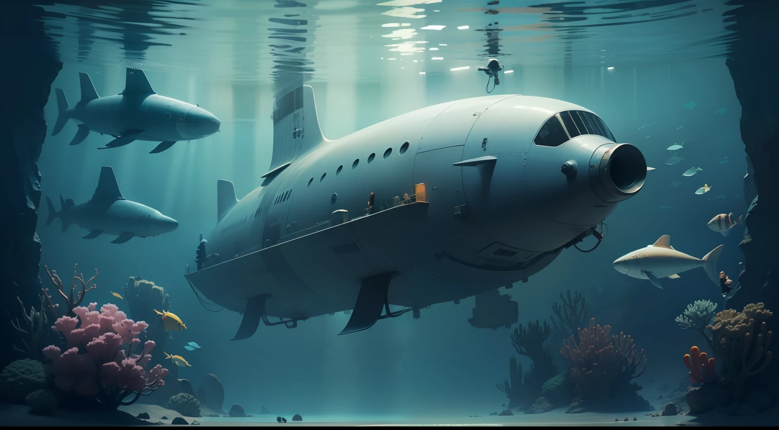 A submarine, with some people sitting inside it, under the ocean.