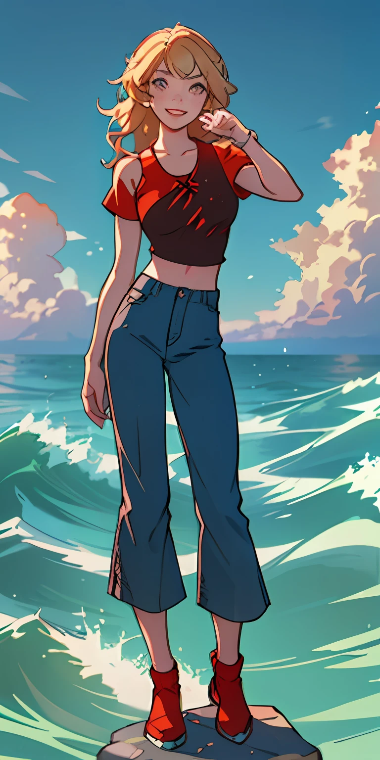 (Same character, front, side, back)(full body)(Best quality at best,tmasterpiece),1girl,paw pose,ssmile,big laughter,the ocean,Short top,shorter pants,blond hairbl,freckle,Be red in the face,looking at viewert,Wavy hair,clouds,spatter,wave,suns,mont,dampness