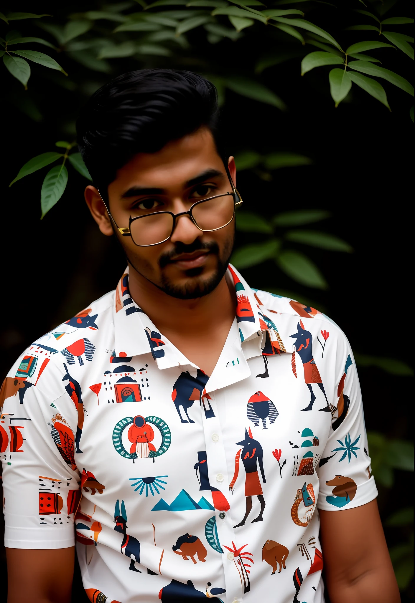 araffe wearing a shirt with a pattern of people on it, jayison devadas style, jayison devadas, in front of a forest background, wearing in shirt, stylish pose, shot on sony a 7, taken with sony alpha 9, shot on canon eos r 5, shot on canon eos r5, candid picture, taken with a canon dslr camera
