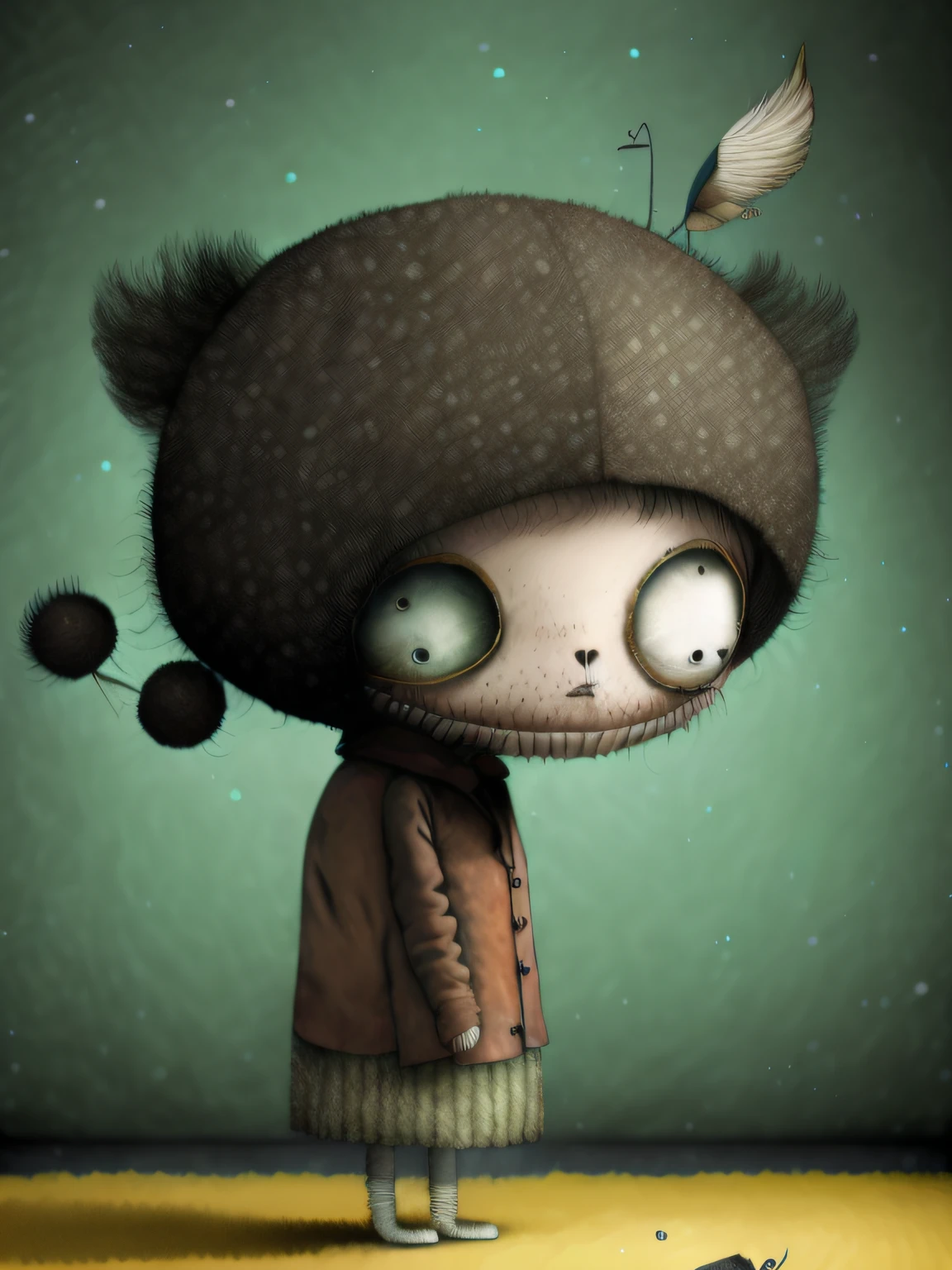 mujeres alas de angel  con personajes de dibujos animados vestidos con abrigos y sombreros , Anton Semenov, Personajes de Maquinarium, Pupilas dot, Tres ojos, Seis de Little Nightmares, 3 cabezales, Tres cabezas, sonrisas espeluznantes, Tres ojos, Somber, por Yi Inmun, por Tadeusz Brzozowski, pocos globos oculares, horripilante!!, Arte conceptual post grunge