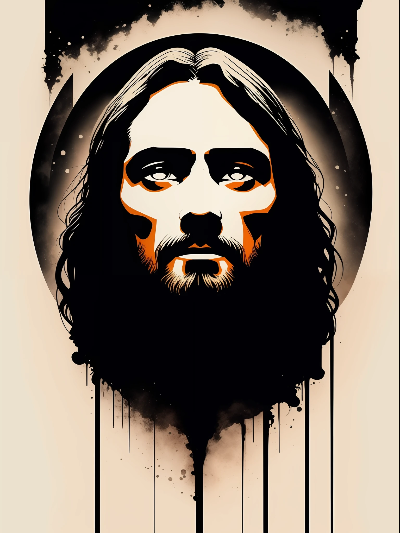 Jesus, t-shirt art, 2D, ((black background :1, 5)), vector, vivid colors, masterpiece, best quality, intricate details, perfect symmetrical face, realistic details, gothic theme, rim light, moonlight, cinematic shading, Greg Rutkowisk