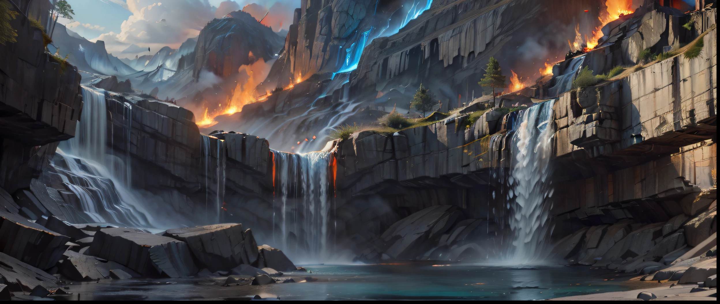 Draw a waterfall，（fire and ice），Blue and red，The is very detailed，Epic surrealist 8K oil painting, a portal to the lost flame realm, 4k vertical wallpaper, smelting pit'beeple