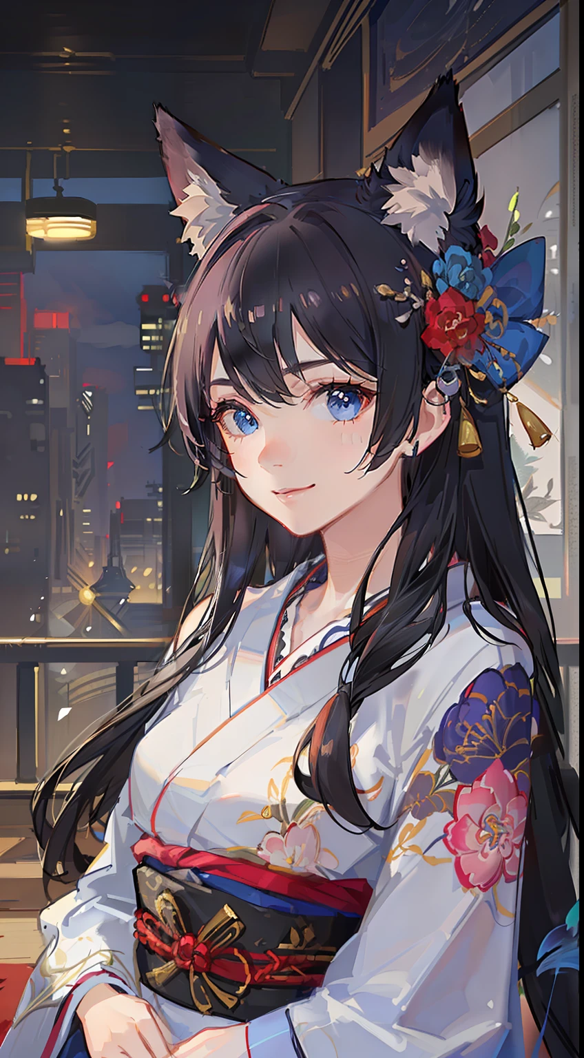 young girl, long curly black hair, Fox ears, Foxtail, blue eyes, open kimono, ssmile, Masterpiece, hiquality