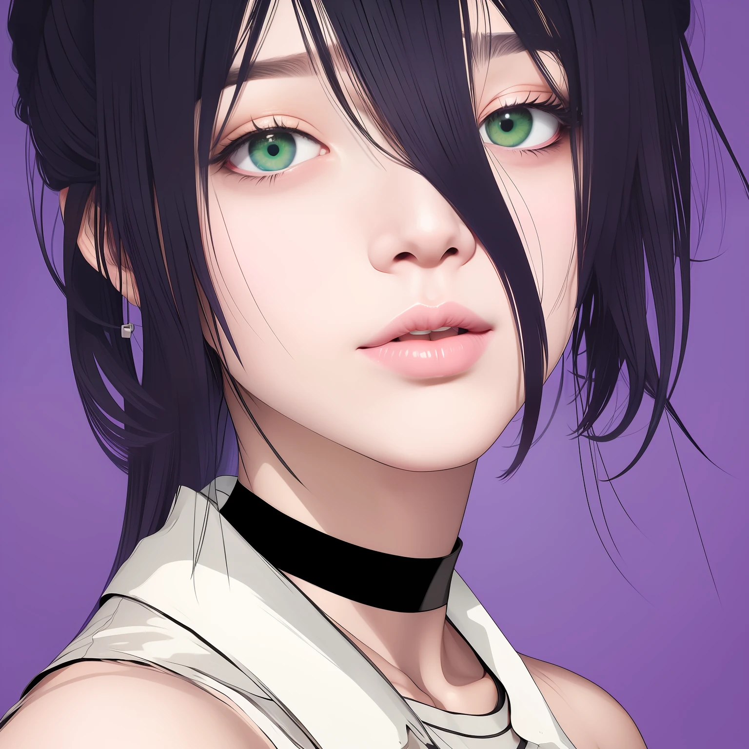 1girl, reze, chainsaw man, purple hair, green eye, white t-shirt realistic, ultra detail, high quality, ((asian face))