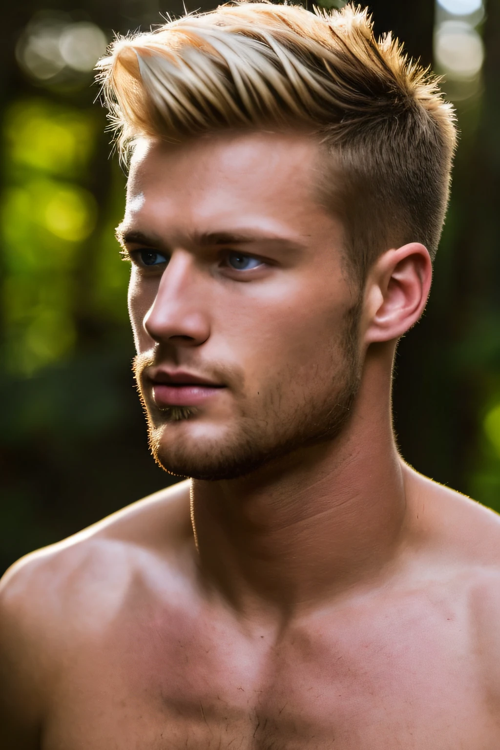 8k resolution, 25 year old male, model, bright blue eyes, blonde hair, forest background, not a portrait. face detail HD 4K James was a robust, handsome man with short blond hair and piercing blue eyes. he was tall and muscular, with broad shoulders and a strong, athletic build. He had an easygoing confidence about him, and a calm, assured demeanor that made him look like he could handle any situation.