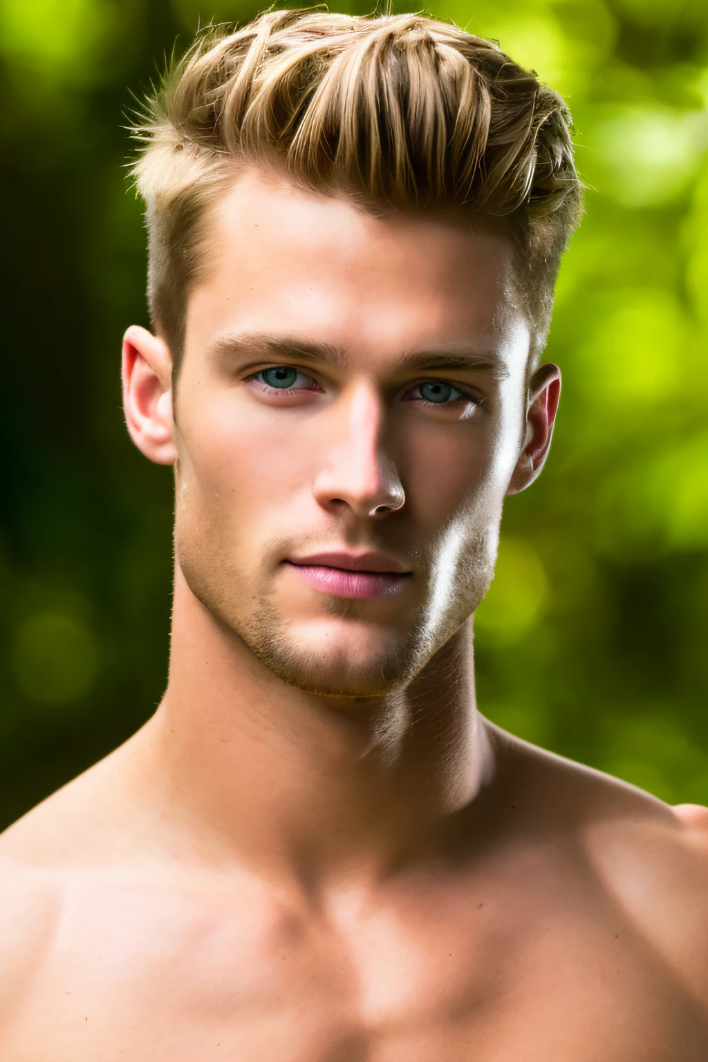 8k resolution, 25 year old male, model, bright blue eyes, blonde hair, forest background, not a portrait. face detail HD 4K James was a robust, handsome man with short blond hair and piercing blue eyes. he was tall and muscular, with broad shoulders and a strong, athletic build. He had an easygoing confidence about him, and a calm, assured demeanor that made him look like he could handle any situation.