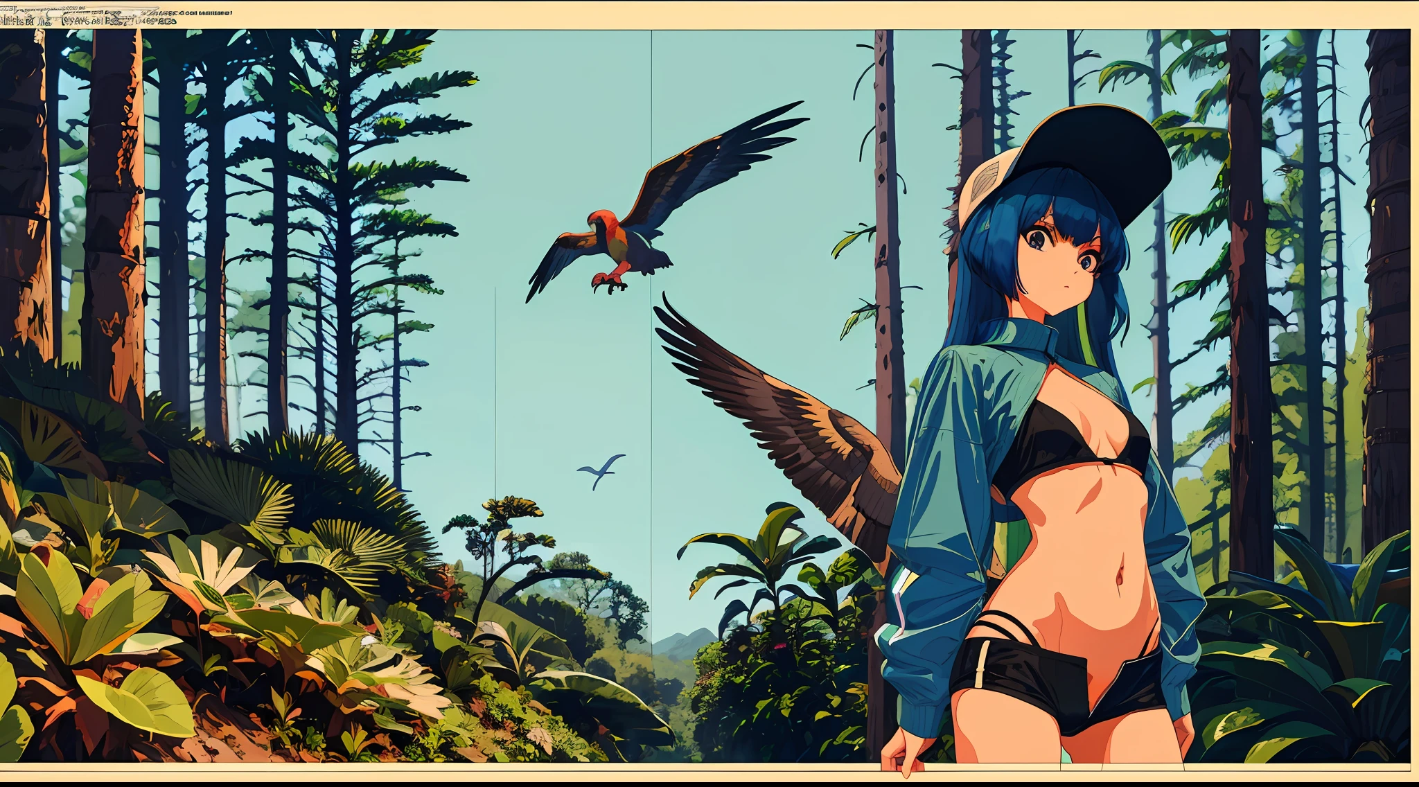 age girl, slim body, model, very long blue hair, 170 centimeter height, palm cockatoo bird, parrot, crop top innerwear, long coat outwear, hat, baseball hat, cap, masker, photography, forest background, nature background, detail, unique angle