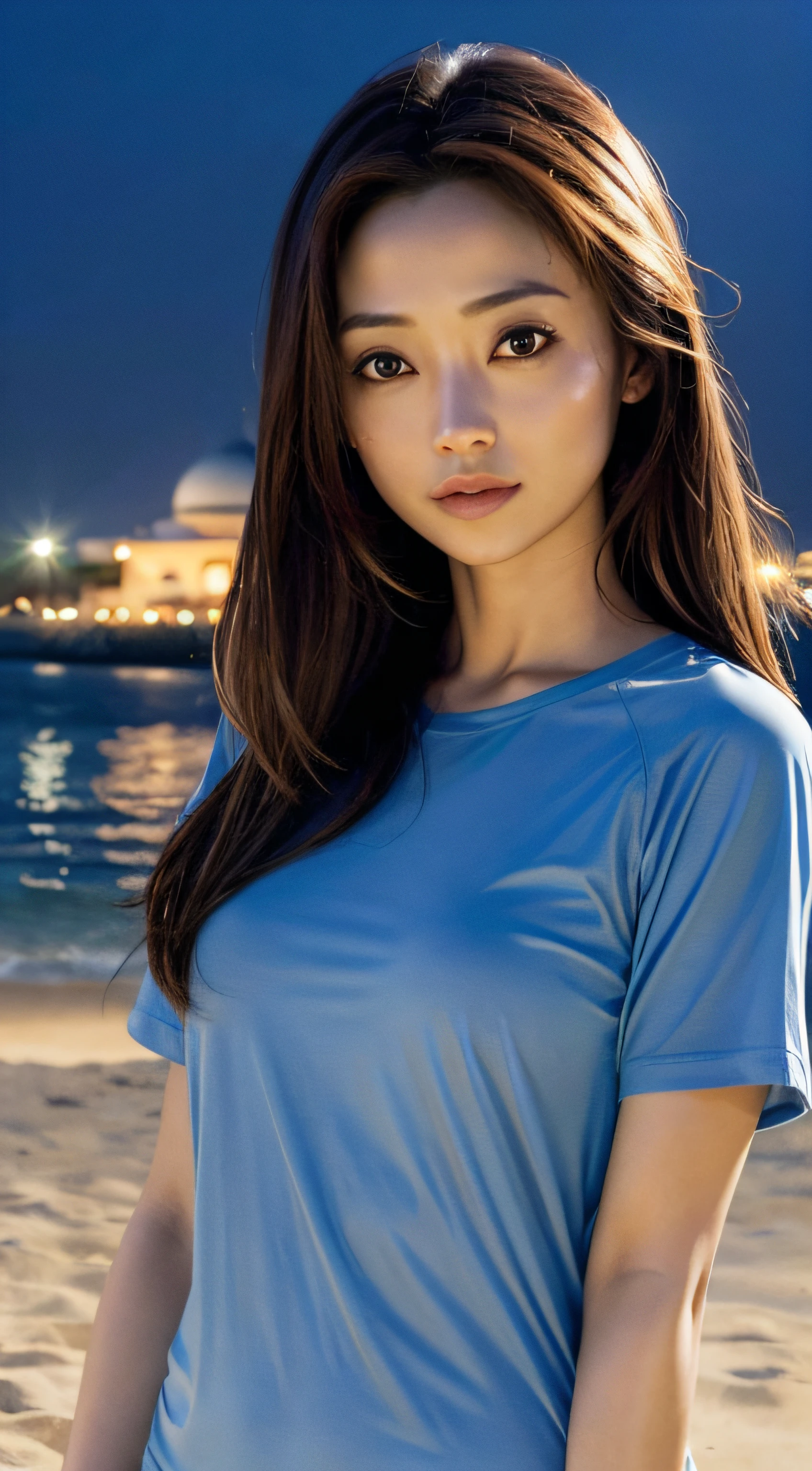 doress、(Photorealsitic:1.4)、(hyper realisitic:1.4)、(realisitic:1.3)、(Smooth lighting:1.05)、(Improved lighting quality in movies:0.9)、32K、1girl in、20 years girl、Realistic lighting、Back lighting、Facial light、raytrace、(brightened light:1.2)、(enhanced quality:1.4)、(Top quality real texture skins:1.4)、finely eye、finerly detailed face、Fine quality eye、(Tired, sleepy and satisfied:0.0)、 close up of face、tshirts、(enhance body line mood:1.1)、(Increase the beauty of skin texture:1.1)、((Aya Ueto))、the beach、swim wears、Dubai、harbour、nighttime scene