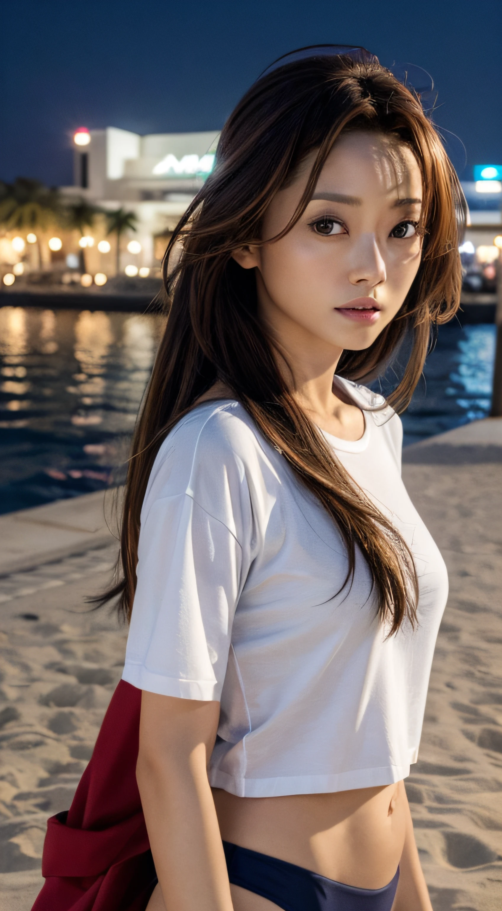 doress、(Photorealsitic:1.4)、(hyper realisitic:1.4)、(realisitic:1.3)、(Smooth lighting:1.05)、(Improved lighting quality in movies:0.9)、32K、1girl in、20 years girl、Realistic lighting、Back lighting、Facial light、raytrace、(brightened light:1.2)、(enhanced quality:1.4)、(Top quality real texture skins:1.4)、finely eye、finerly detailed face、Fine quality eye、(Tired, sleepy and satisfied:0.0)、 close up of face、tshirts、(enhance body line mood:1.1)、(Increase the beauty of skin texture:1.1)、((Aya Ueto))、the beach、swim wears、Dubai、harbour、nighttime scene