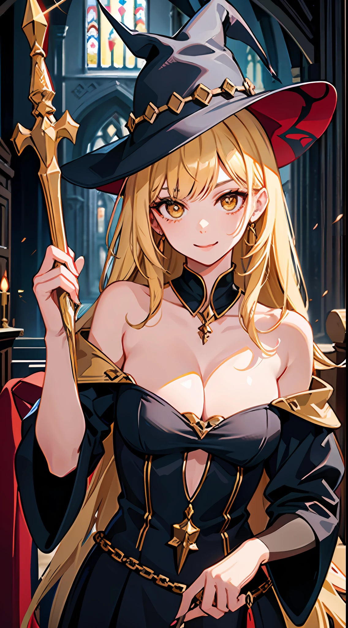 one-girl,,evil sorceress,,Dark Department,Night Forest,Wizard costume,Off-the-shoulder clothing,wands,A yellow-haired,long whitr hair,European people,Wizard's Hat,ssmile,Be red in the face,Close-up,Medieval church,Portrait close-up,cleavage,Fire magic